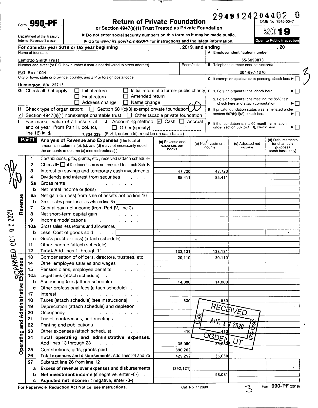 Image of first page of 2019 Form 990PR for Lemotto Smith Trust / Frazier William & Michael Ttees