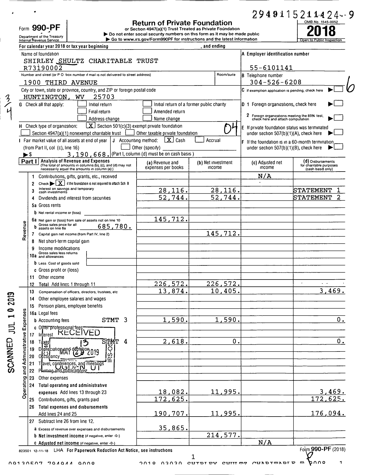 Image of first page of 2018 Form 990PF for Shirley Shultz Charitable Trust R73190002