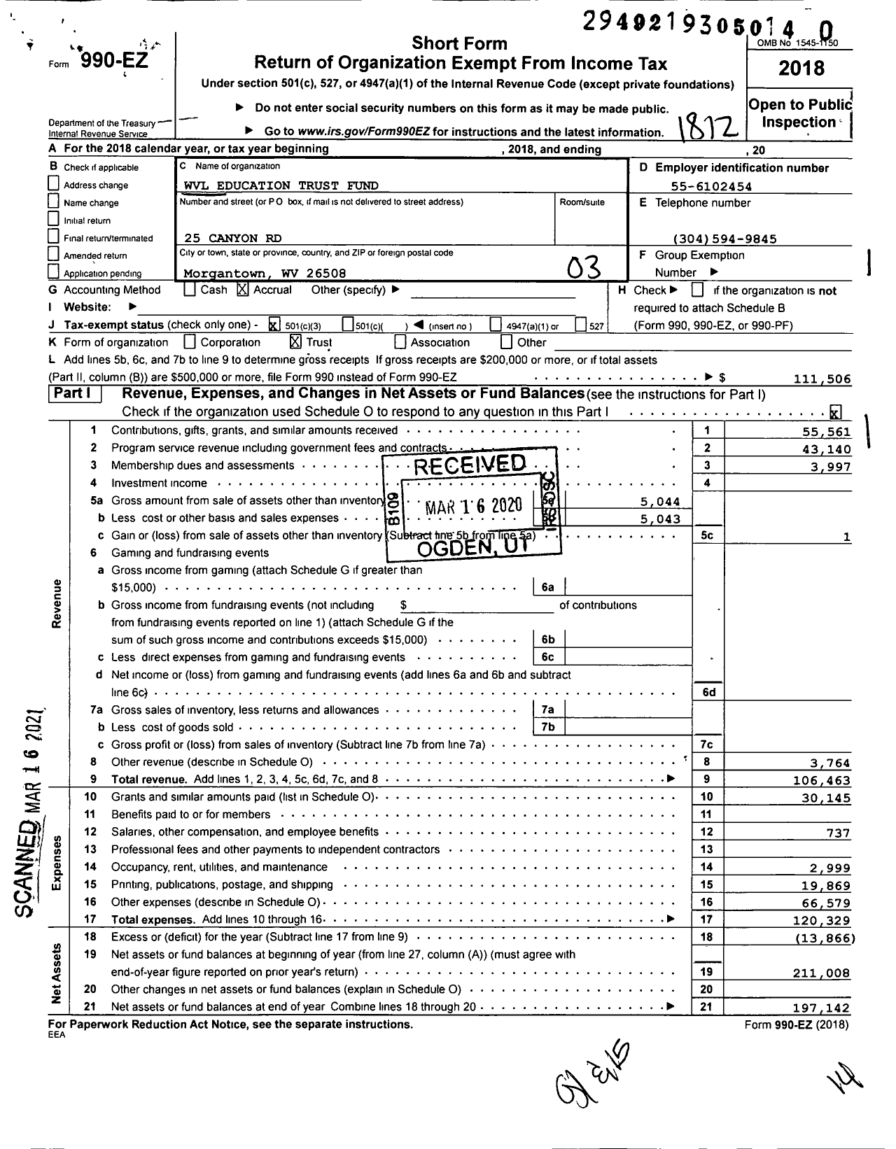 Image of first page of 2018 Form 990EZ for West Virginians for Life Educational Trust Fund