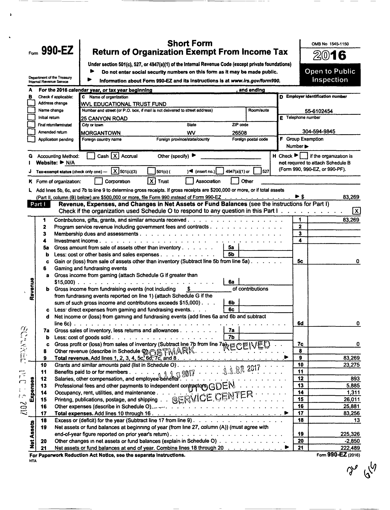 Image of first page of 2016 Form 990EZ for West Virginians for Life Educational Trust Fund