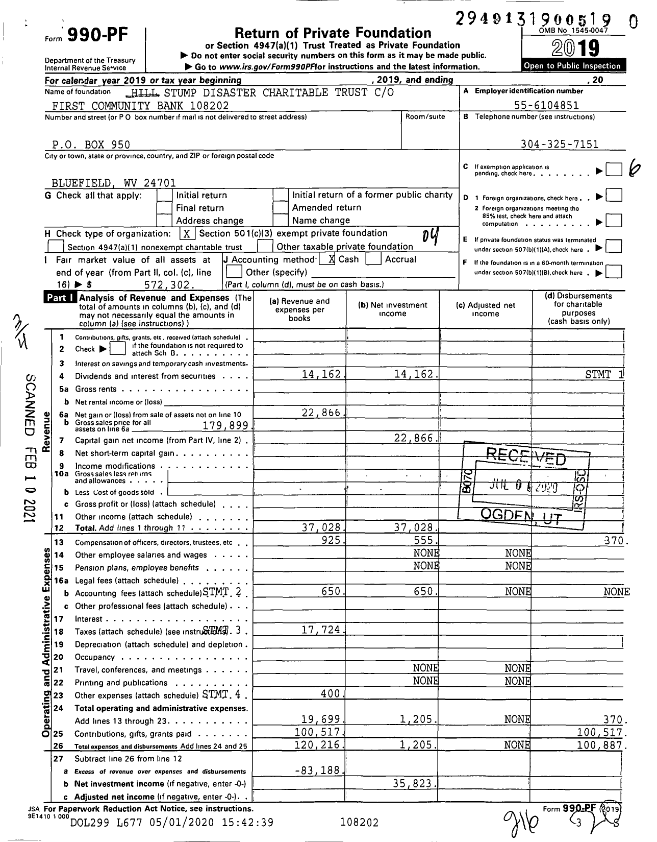 Image of first page of 2019 Form 990PF for Hill Stump Disaster Charitable Trust