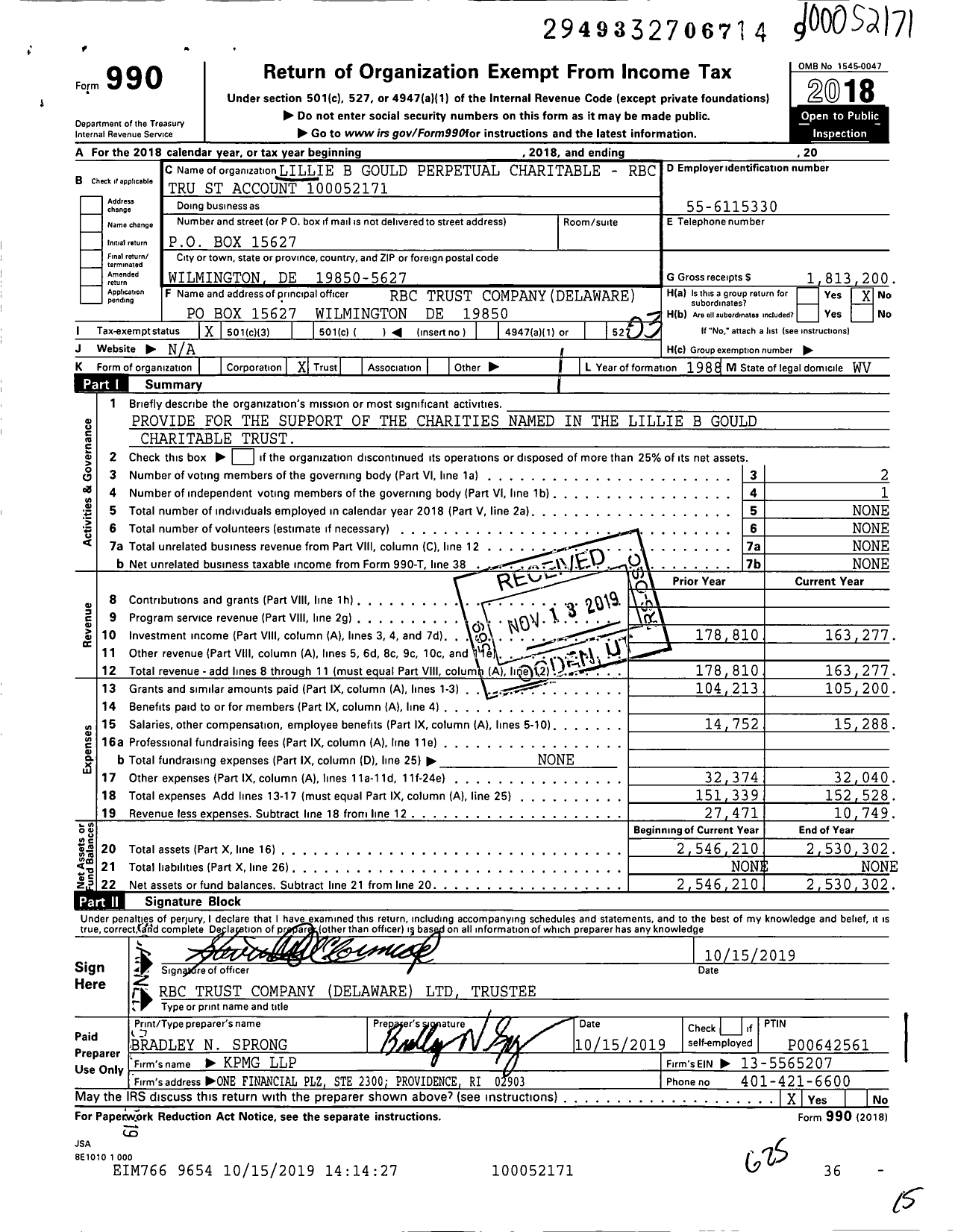 Image of first page of 2018 Form 990 for Lillie B Gould Perpetual Charitable - RBC