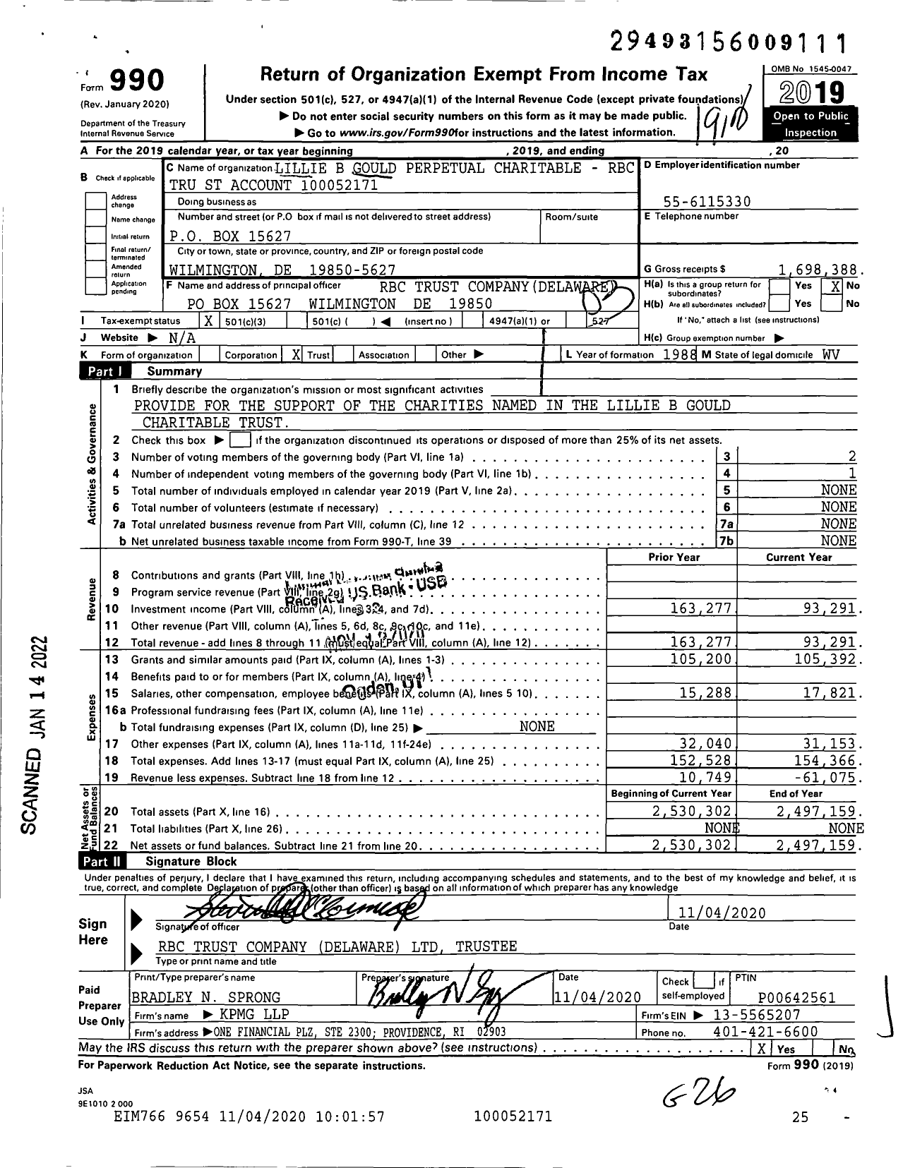 Image of first page of 2019 Form 990 for Lillie B Gould Perpetual Charitable - RBC