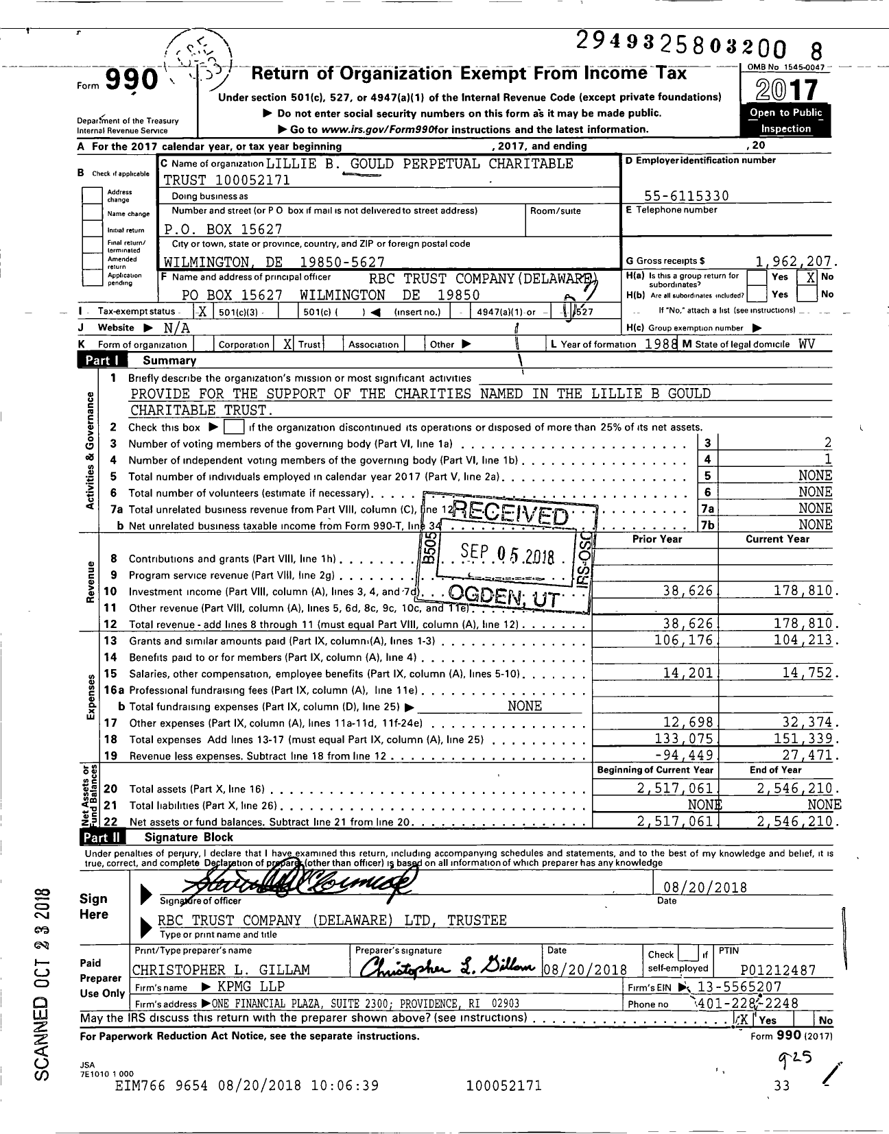 Image of first page of 2017 Form 990 for Lillie B Gould Perpetual Charitable - RBC
