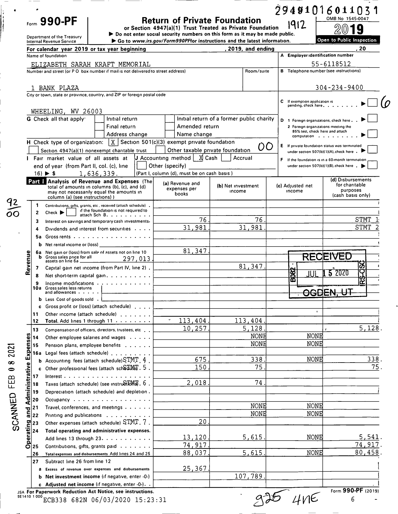 Image of first page of 2019 Form 990PF for Elizabeth Sarah Kraft Memorial