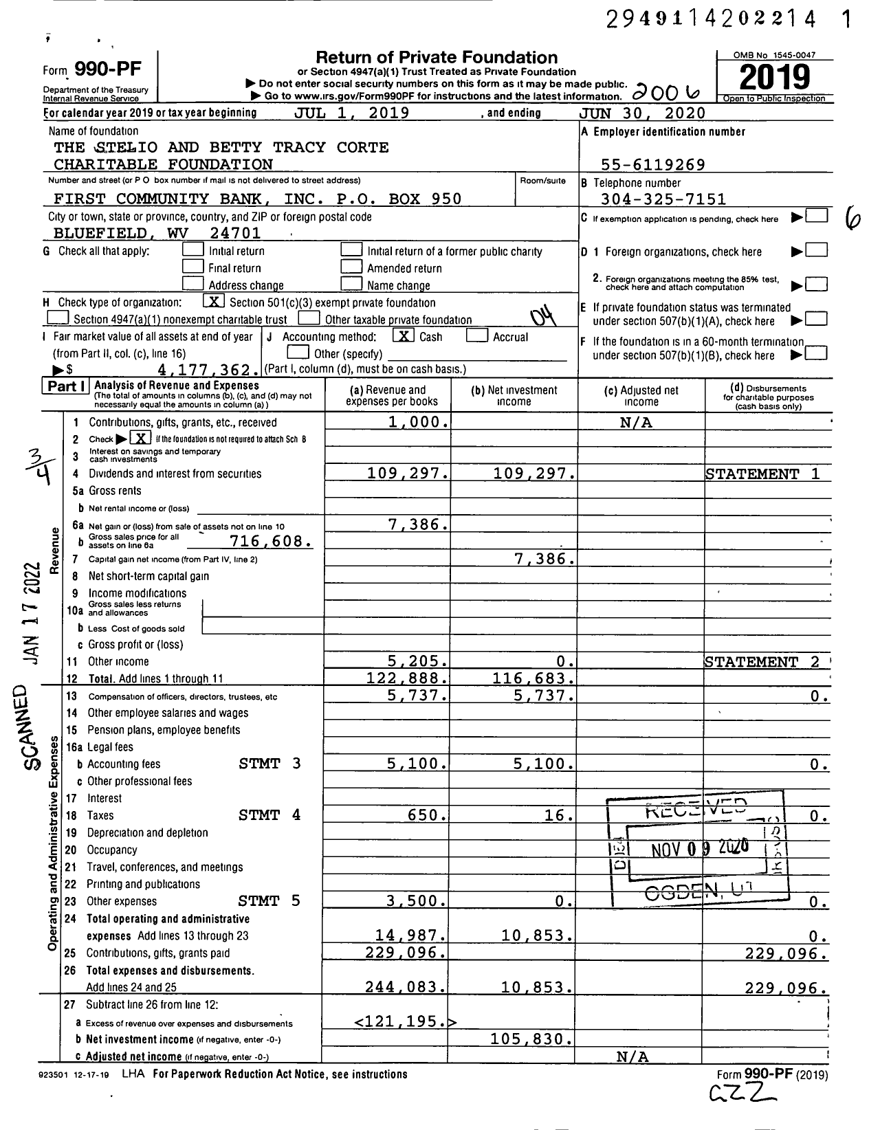 Image of first page of 2019 Form 990PF for The Stelio and Betty Tracy Corte Charitable Foundation