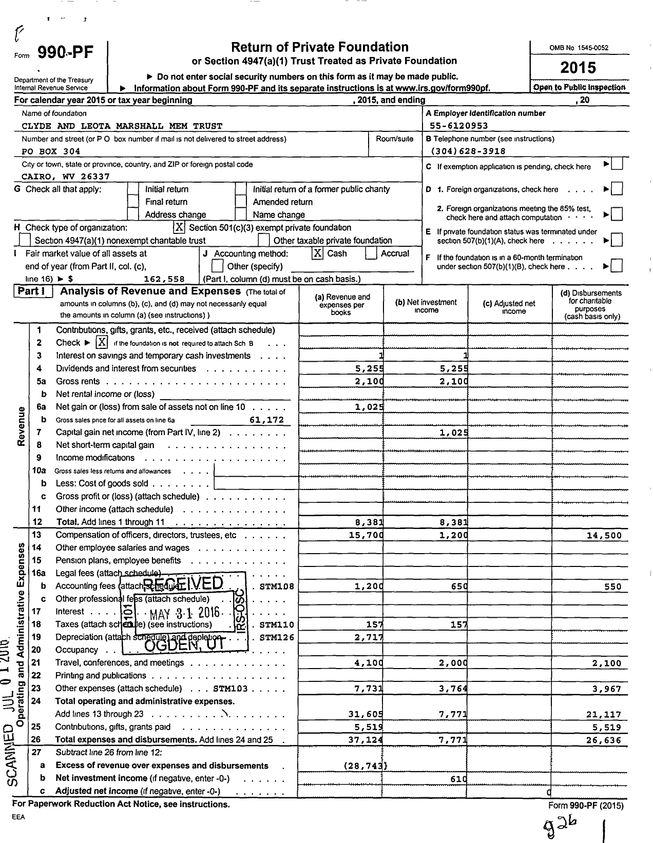 Image of first page of 2015 Form 990PF for Clyde and Leota Marshall Mem Trust