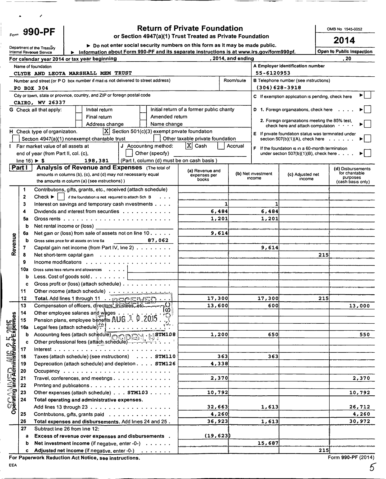 Image of first page of 2014 Form 990PF for Clyde and Leota Marshall Mem Trust