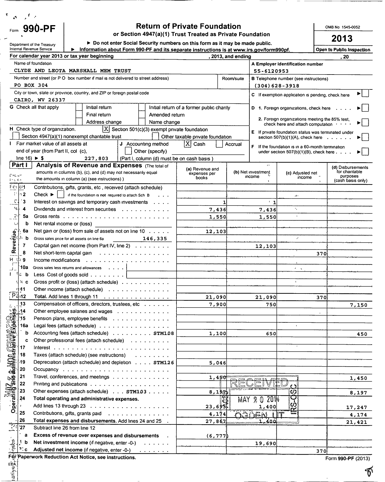 Image of first page of 2013 Form 990PF for Clyde and Leota Marshall Mem Trust