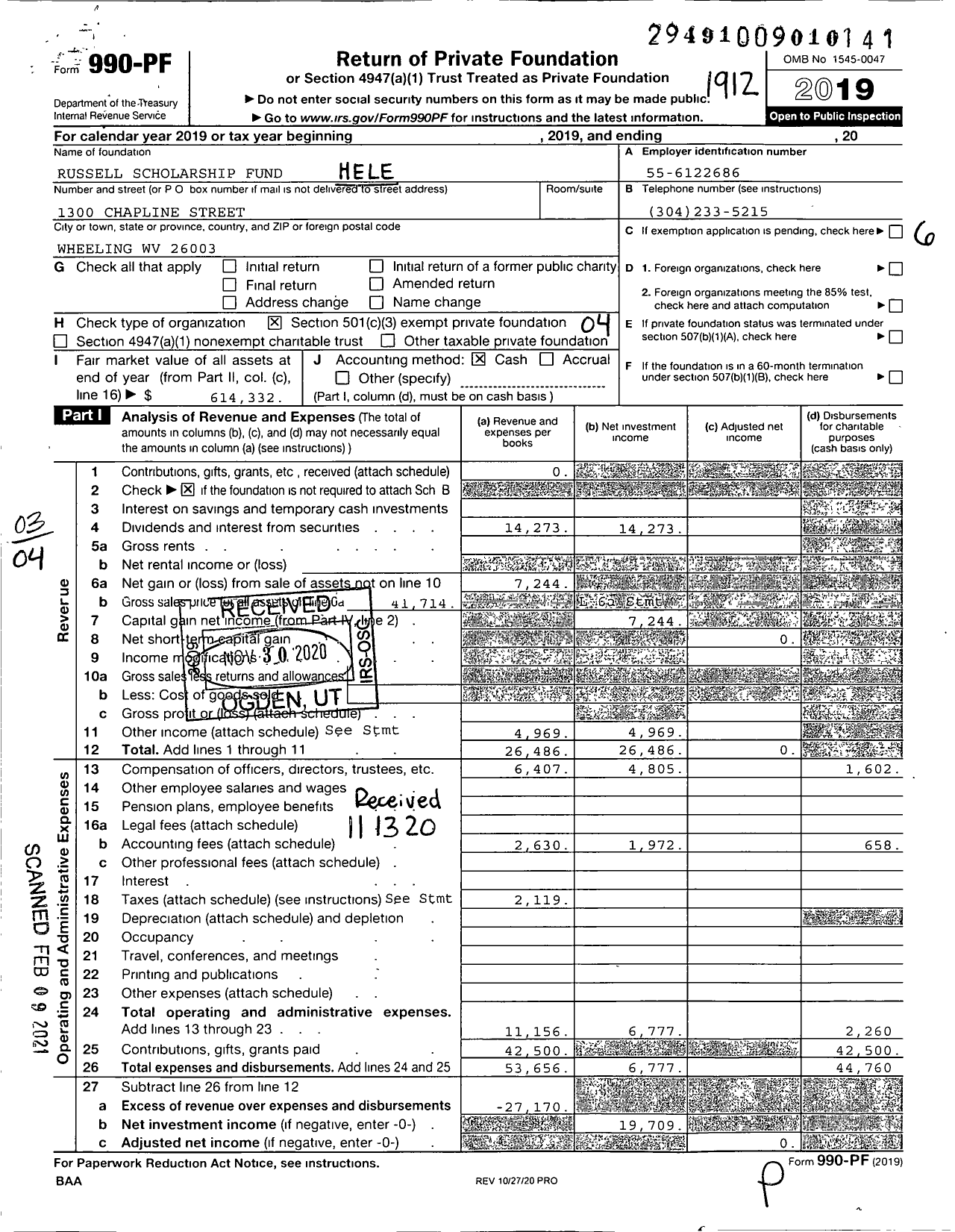 Image of first page of 2019 Form 990PF for Helen B and Robert H Russell Scholarship Fund