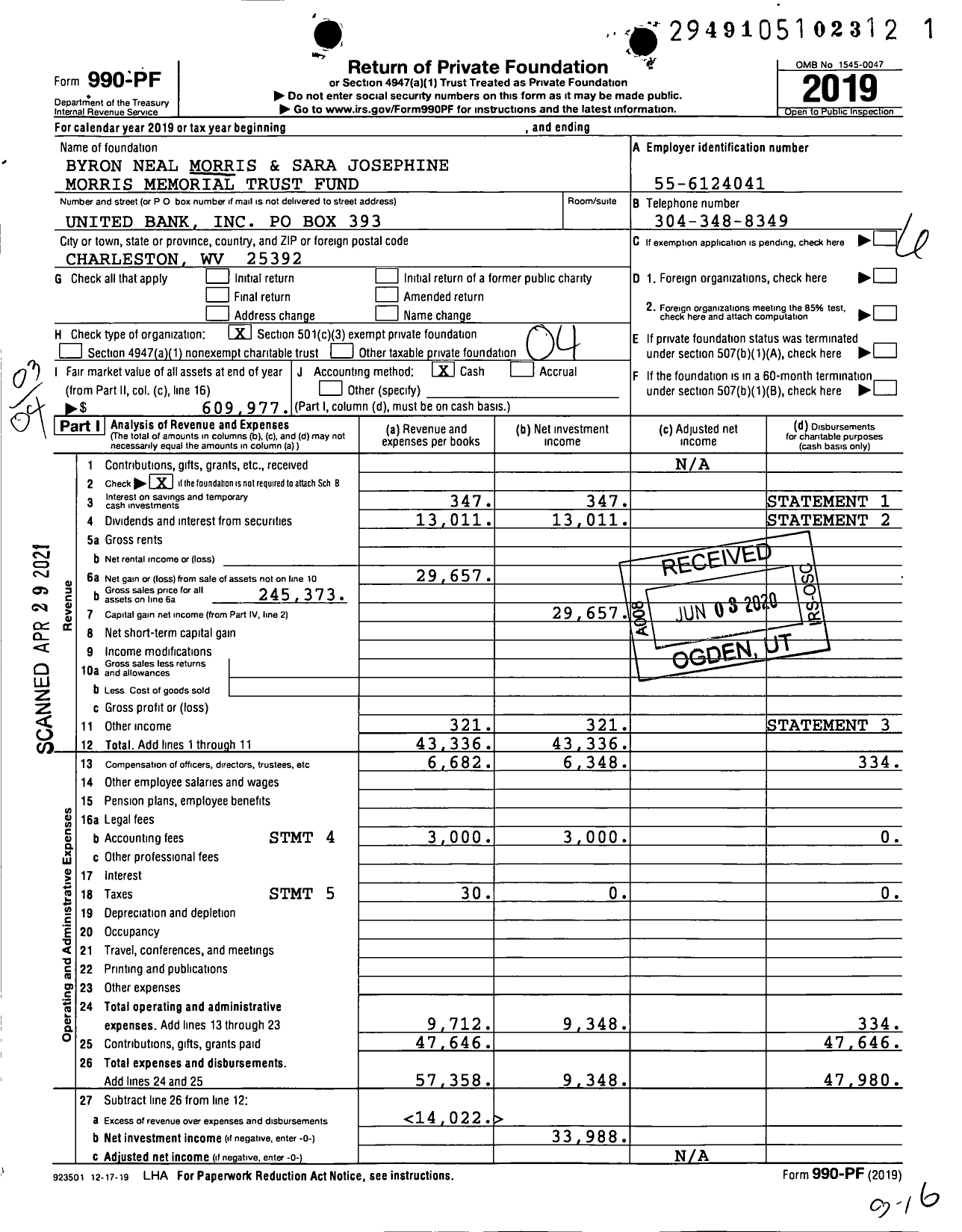 Image of first page of 2019 Form 990PF for Byron Neal Morris and Sara Josephine Morris Memorial Trust Fund