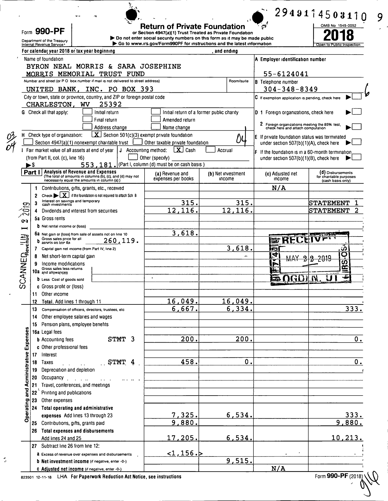 Image of first page of 2018 Form 990PF for Byron Neal Morris and Sara Josephine Morris Memorial Trust Fund