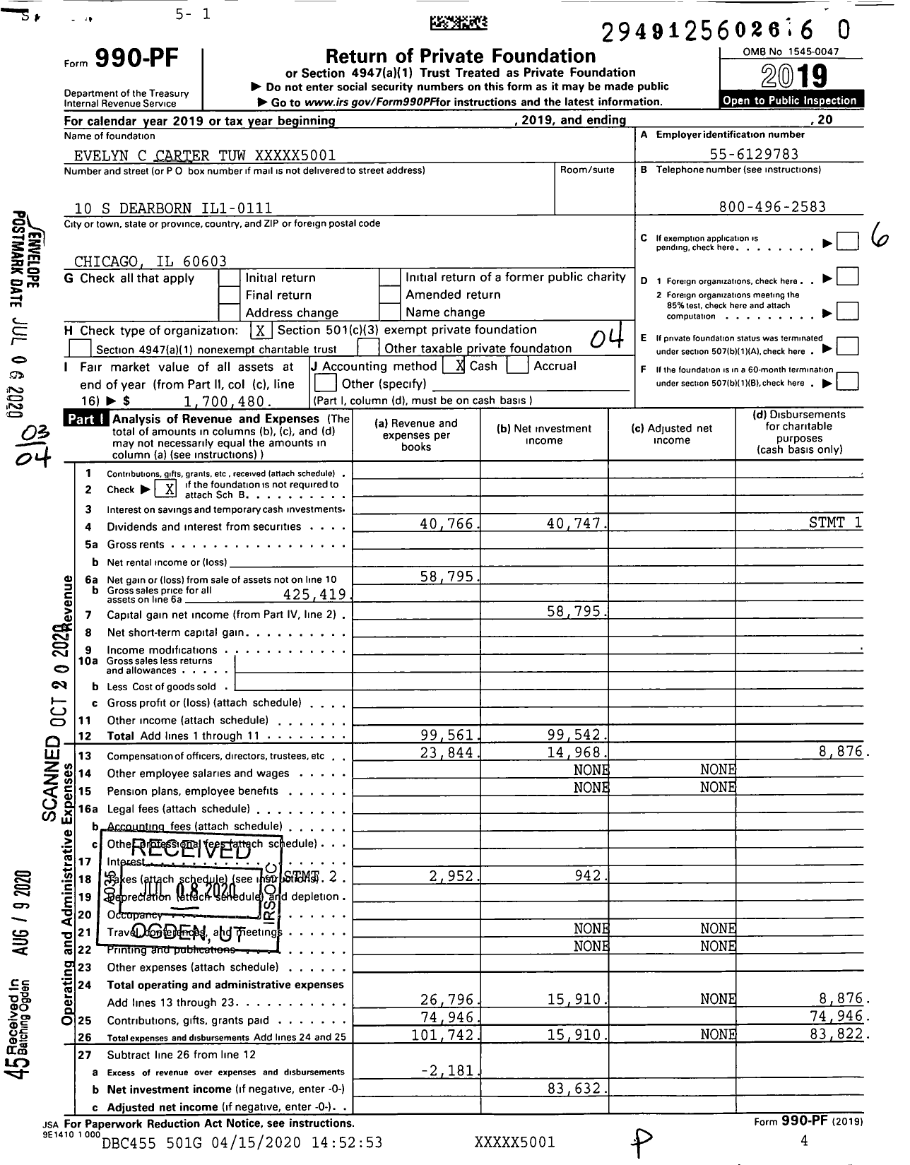 Image of first page of 2019 Form 990PR for Evelyn C Carter Tuw XXXXX5001