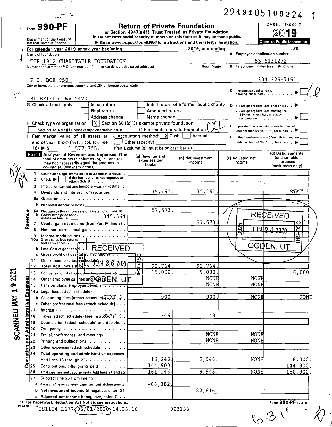 Image of first page of 2019 Form 990PF for The 1912 Charitable Foundation