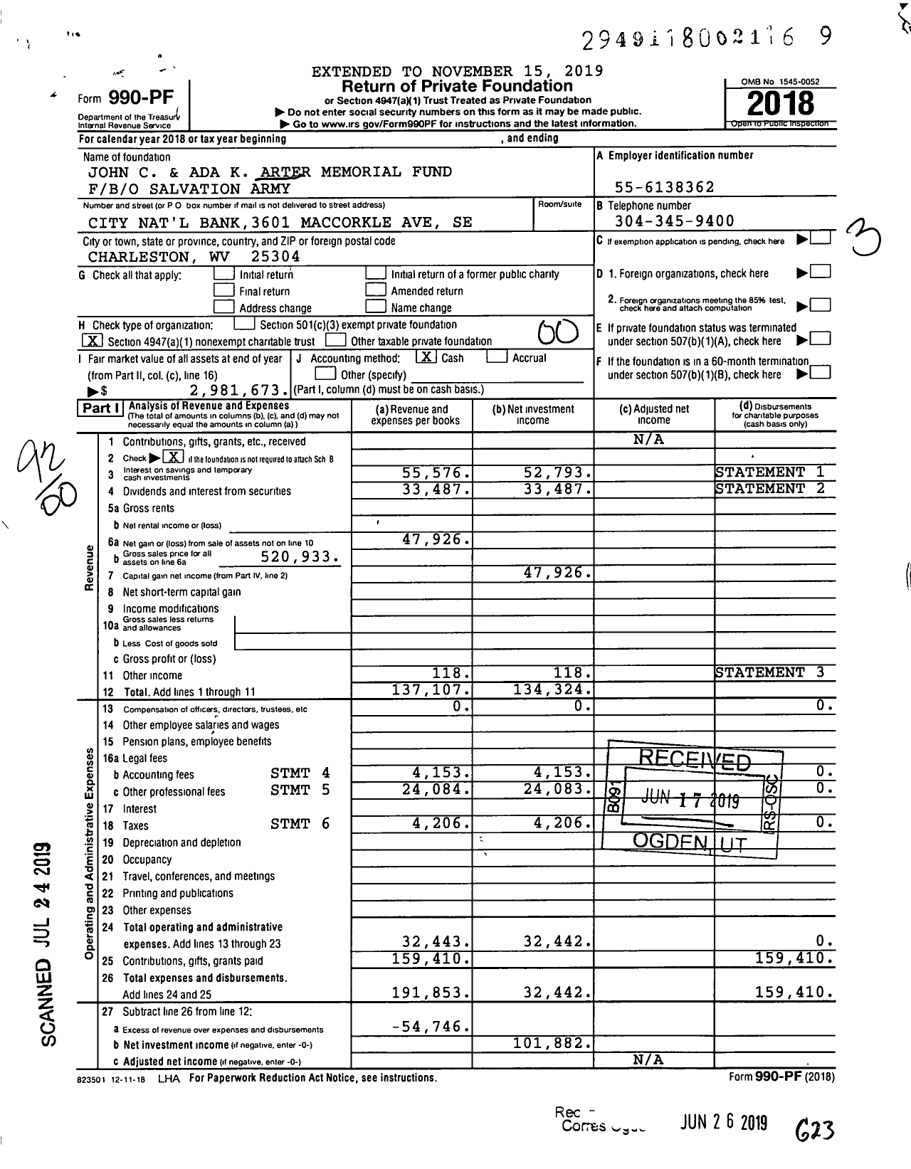 Image of first page of 2018 Form 990PF for John C and Ada K Arter Memorial Fund Fbo / B / O Salvation Army