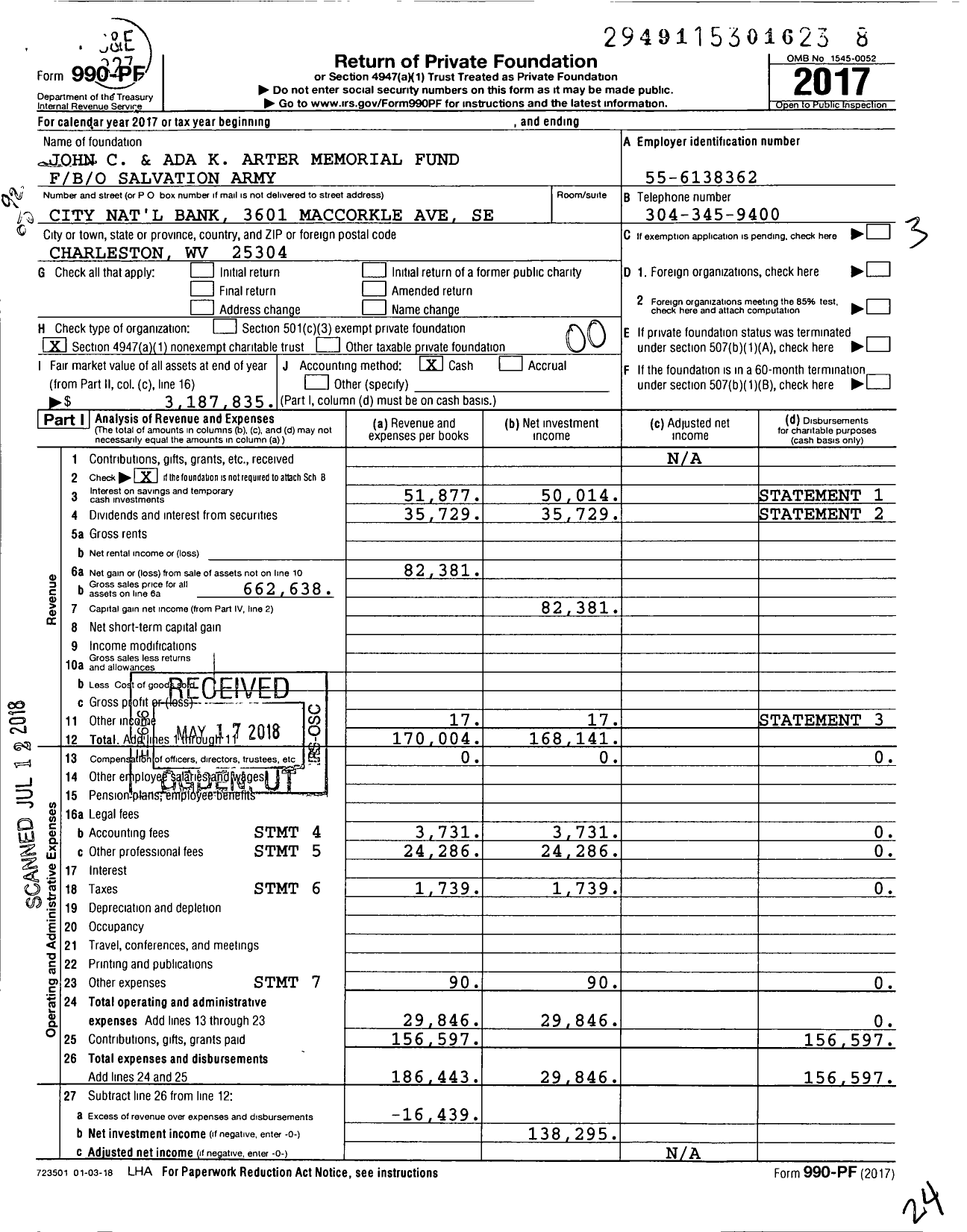 Image of first page of 2017 Form 990PF for John C and Ada K Arter Memorial Fund Fbo / B / O Salvation Army