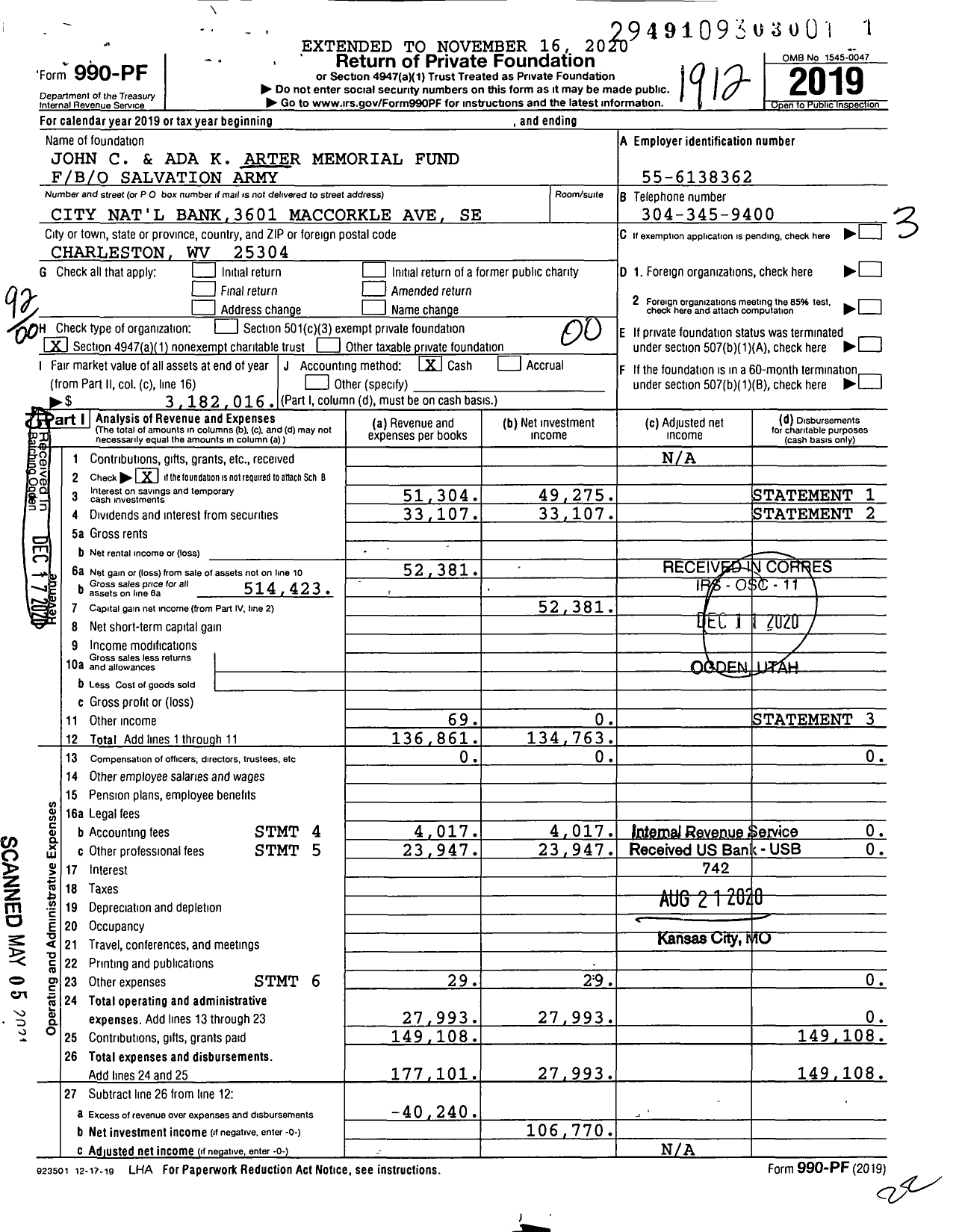 Image of first page of 2019 Form 990PF for John C and Ada K Arter Memorial Fund Fbo / B / O Salvation Army