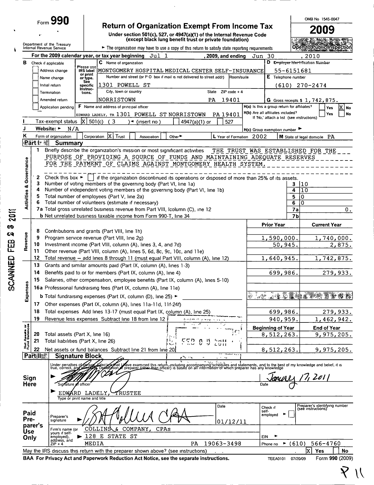 Image of first page of 2009 Form 990 for Montgomery Hospital Medical Center Self Insured