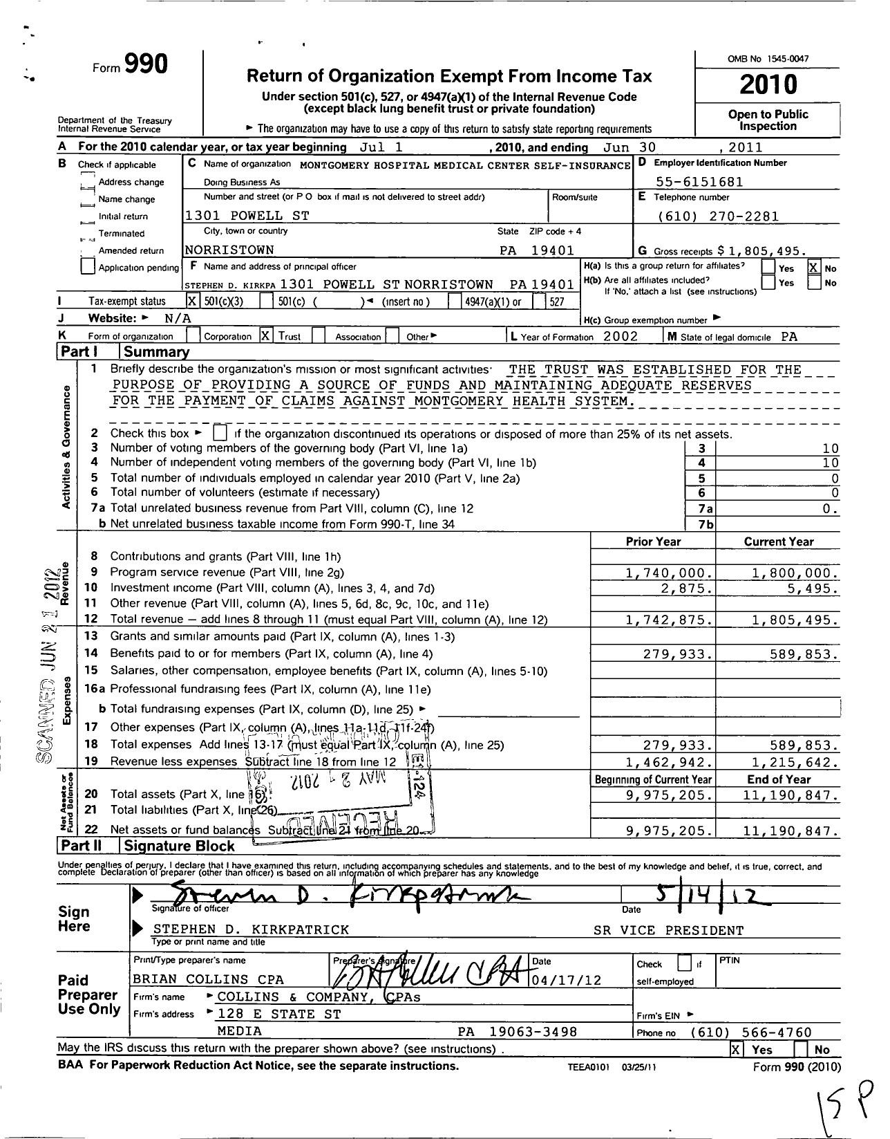 Image of first page of 2010 Form 990 for Montgomery Hospital Medical Center Self Insured