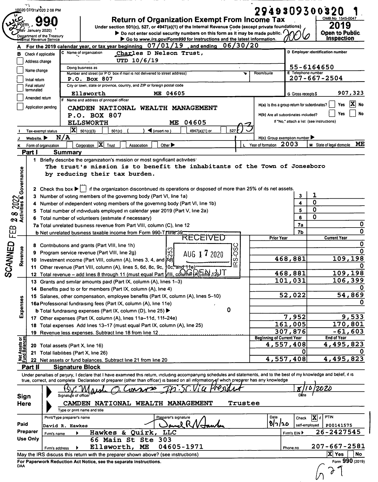 Image of first page of 2019 Form 990 for Charles D Nelson Trust Utd 10 / 6 / 19