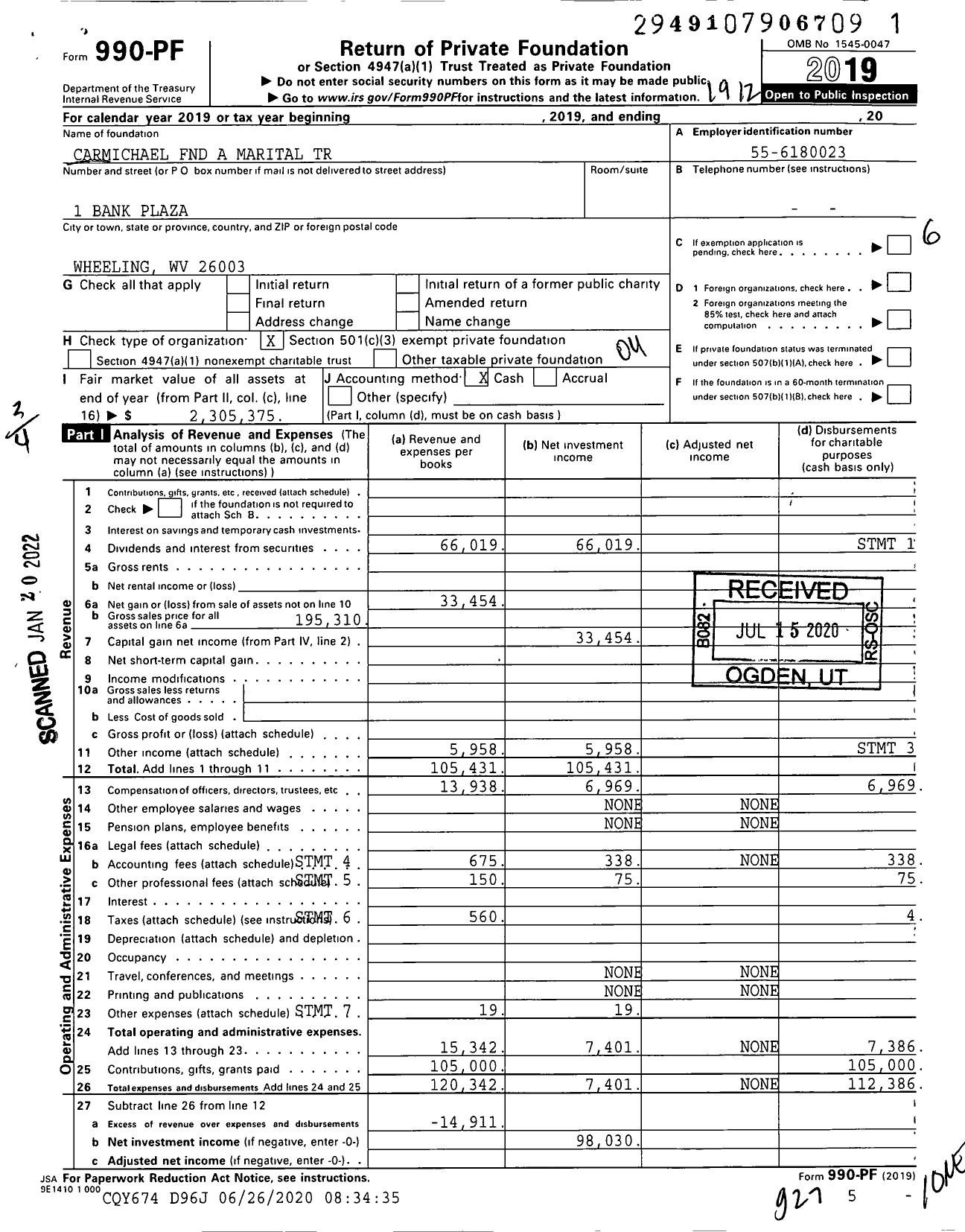 Image of first page of 2019 Form 990PF for Carmichael FND A Marital Trust