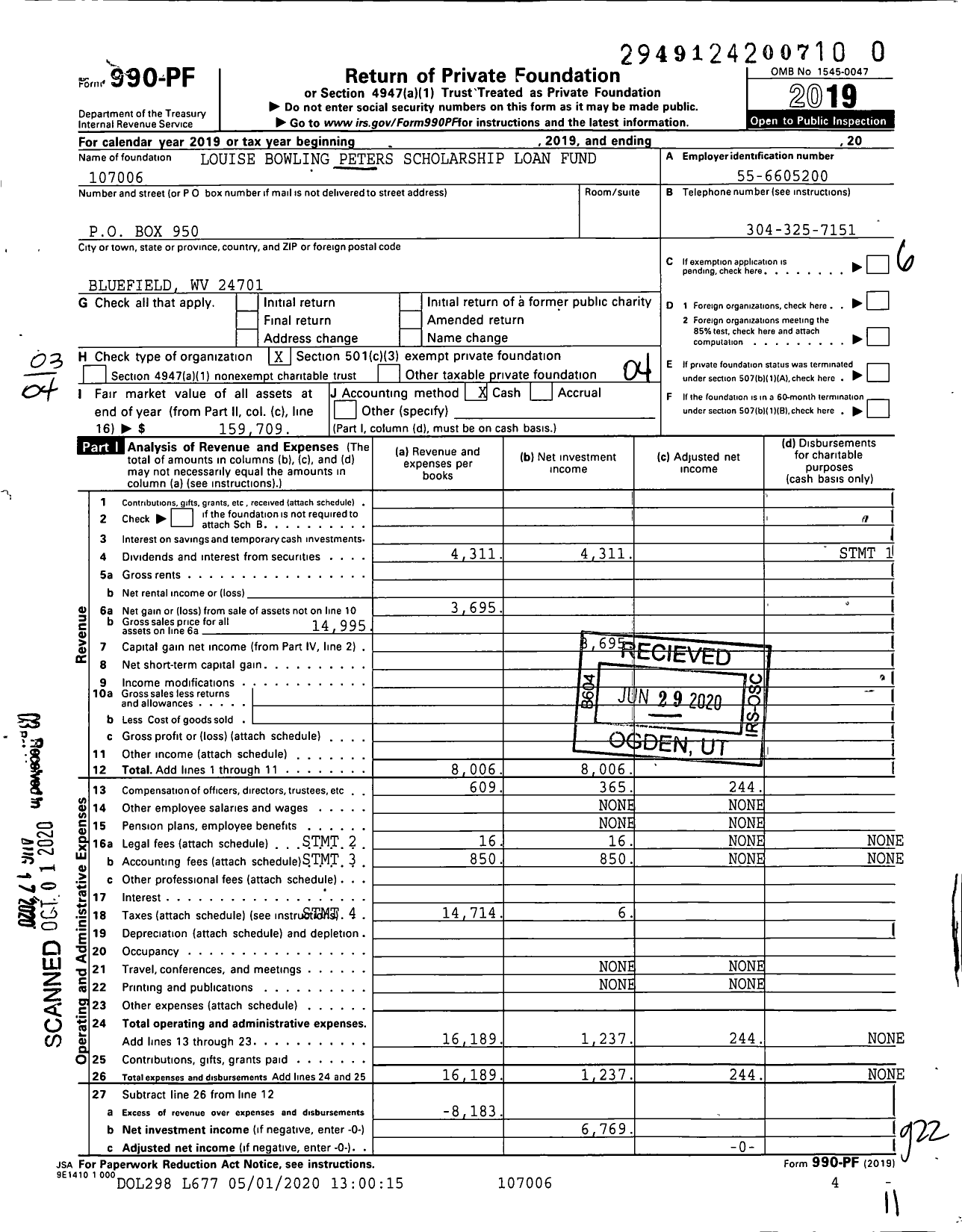 Image of first page of 2019 Form 990PR for Louise Bowling Peters Scholarship Loan Fund