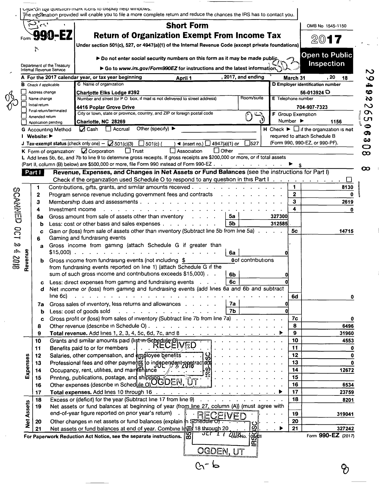 Image of first page of 2017 Form 990EO for Benevolent and Protective Order of Elks - Lake Norman Elks Lodge 392