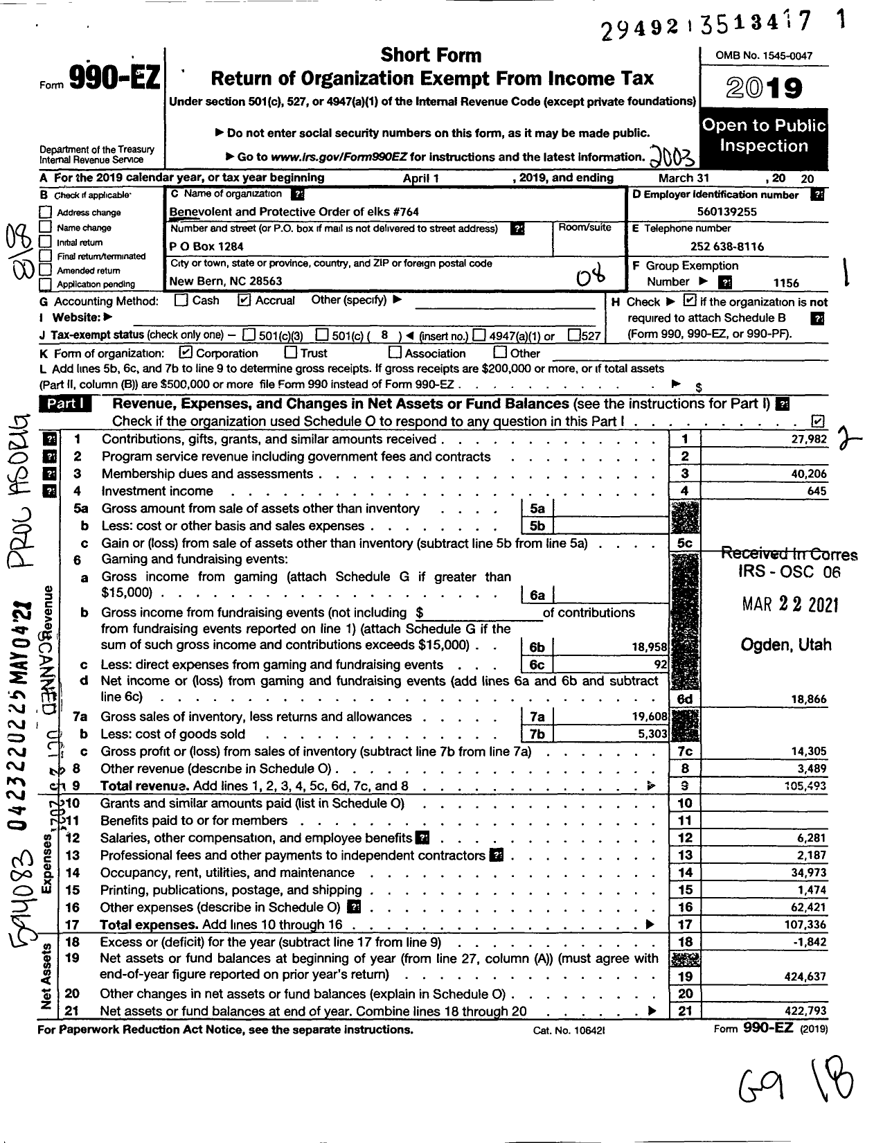 Image of first page of 2019 Form 990EO for Benevolent and Protective Order of Elks - 764 New Bern