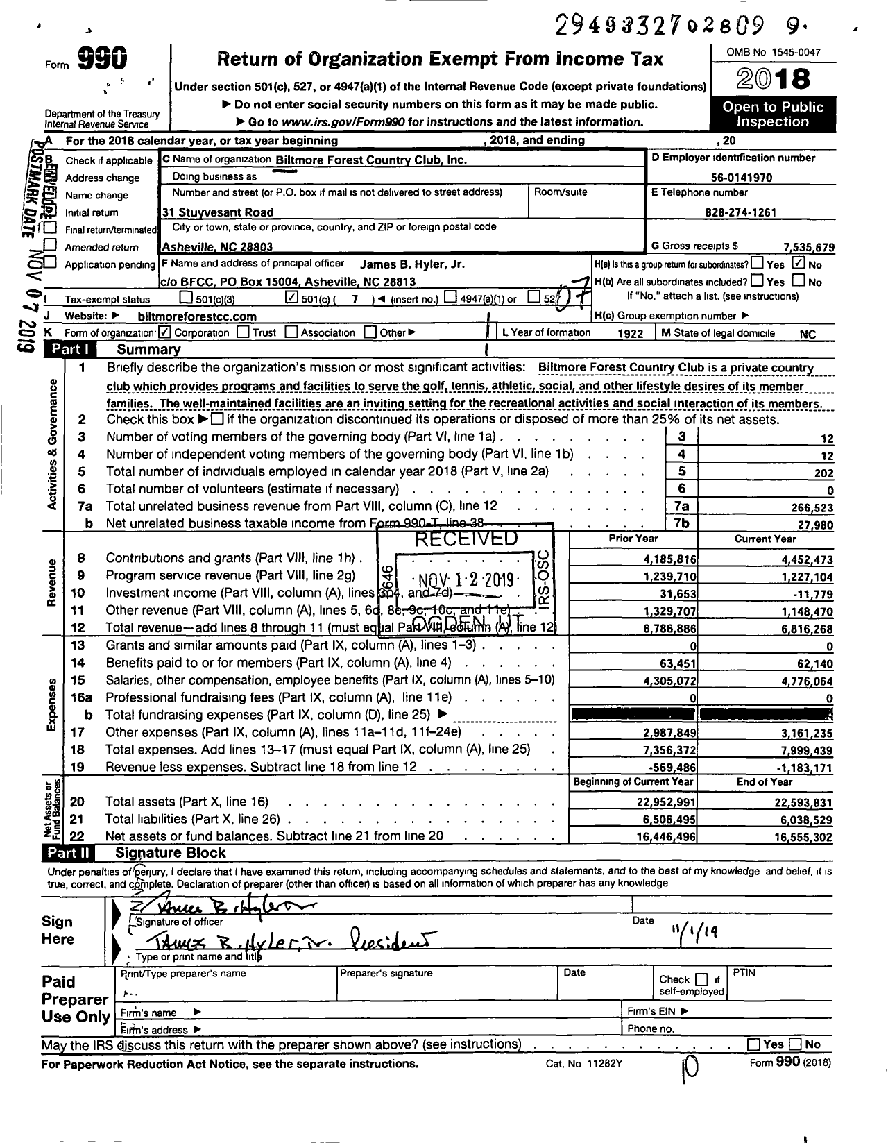 Image of first page of 2018 Form 990O for Biltmore Forest Country Club