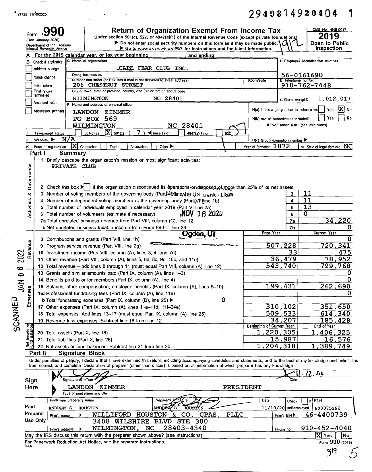 Image of first page of 2019 Form 990O for Cape Fear Club