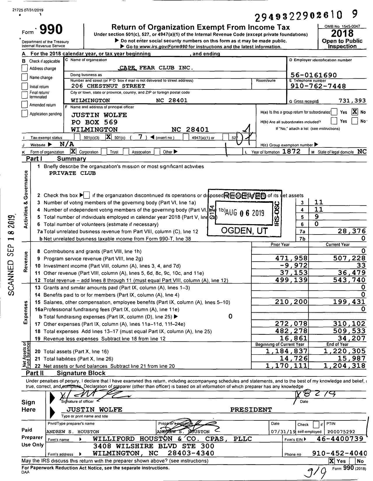 Image of first page of 2018 Form 990O for Cape Fear Club