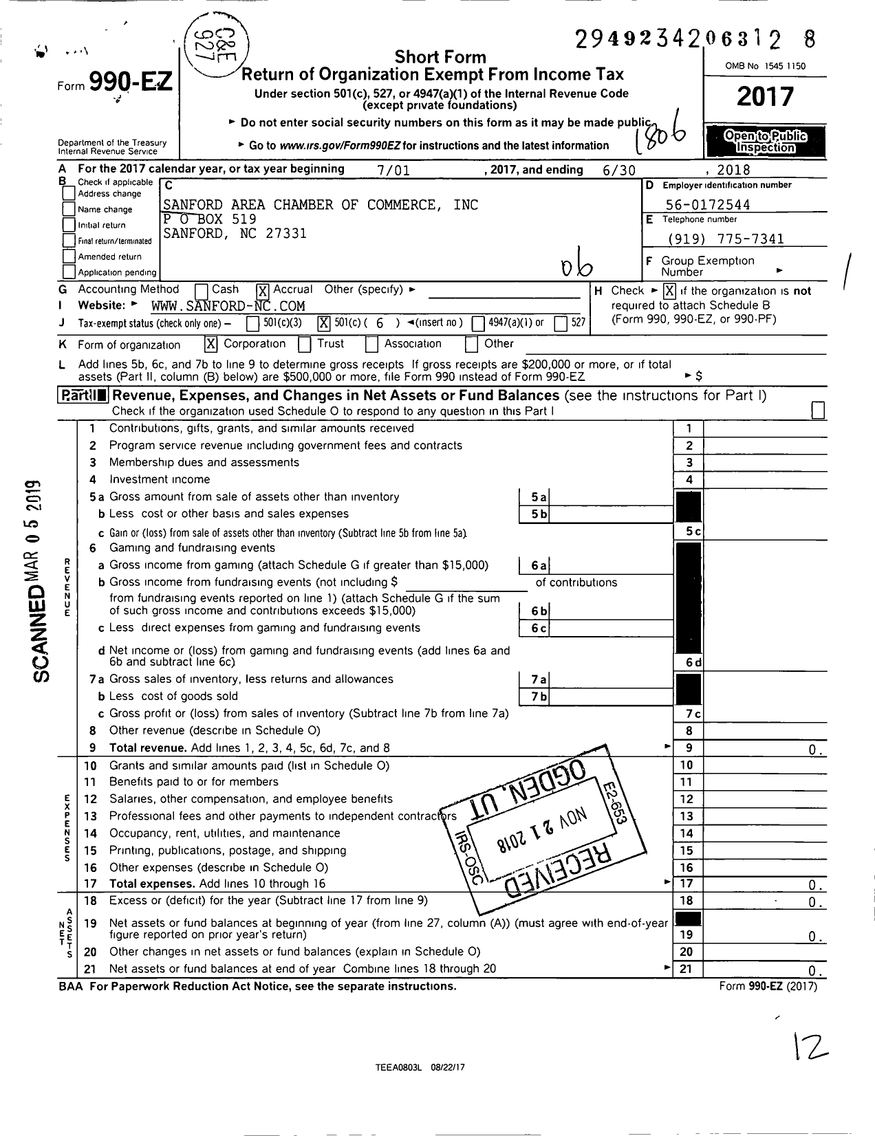 Image of first page of 2017 Form 990EO for Sanford Area Chamber of Commerce