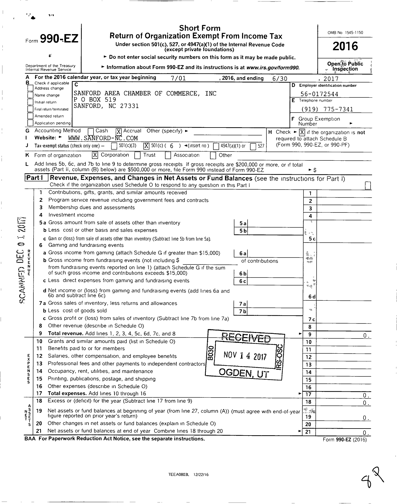 Image of first page of 2016 Form 990EO for Sanford Area Chamber of Commerce