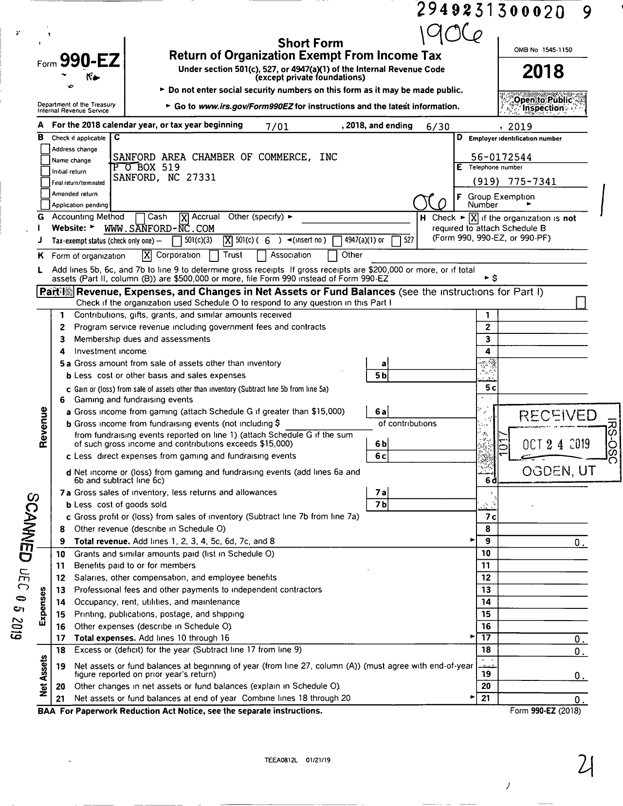 Image of first page of 2018 Form 990EO for Sanford Area Chamber of Commerce