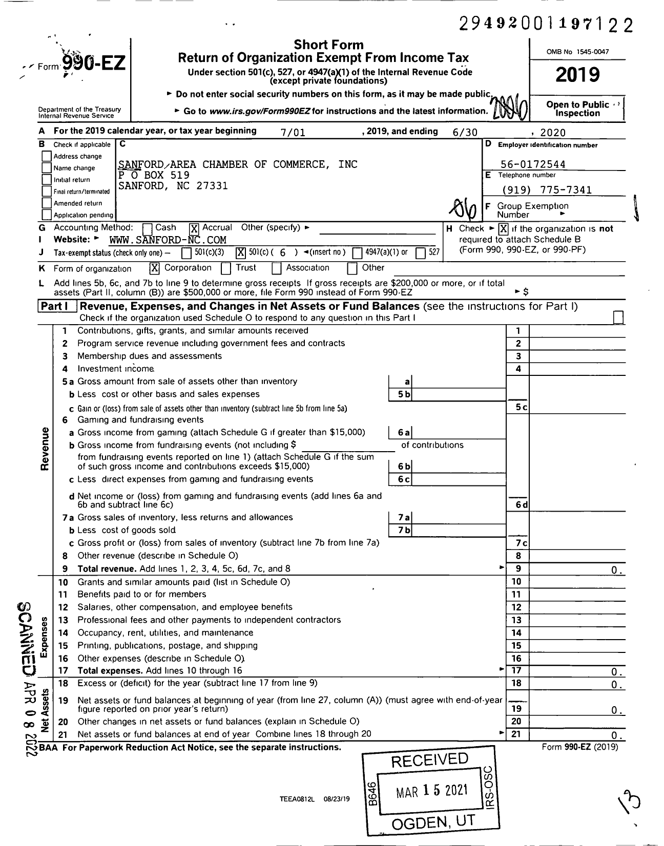 Image of first page of 2019 Form 990EO for Sanford Area Chamber of Commerce