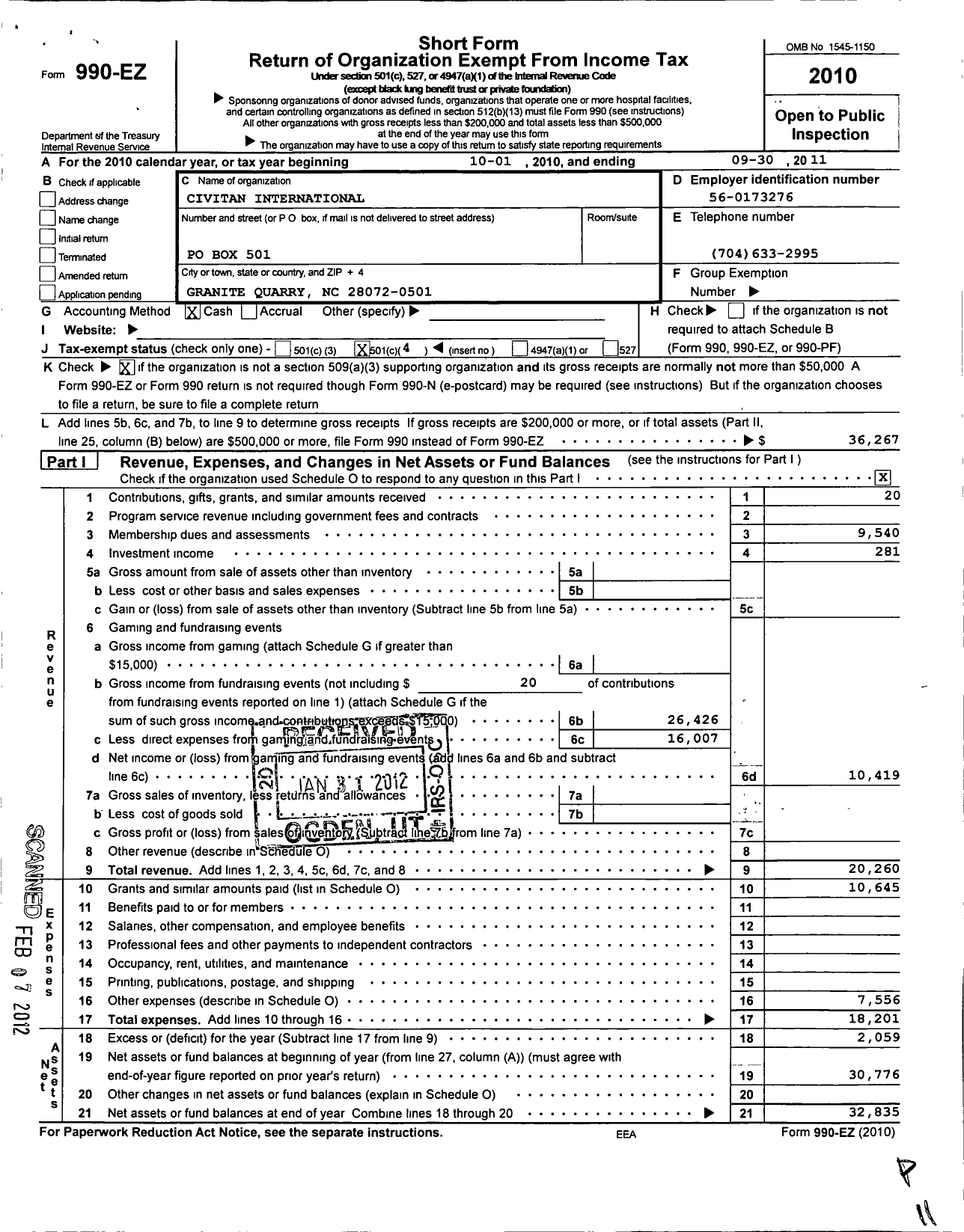 Image of first page of 2010 Form 990EO for Civitan International / Granite Quarry NC