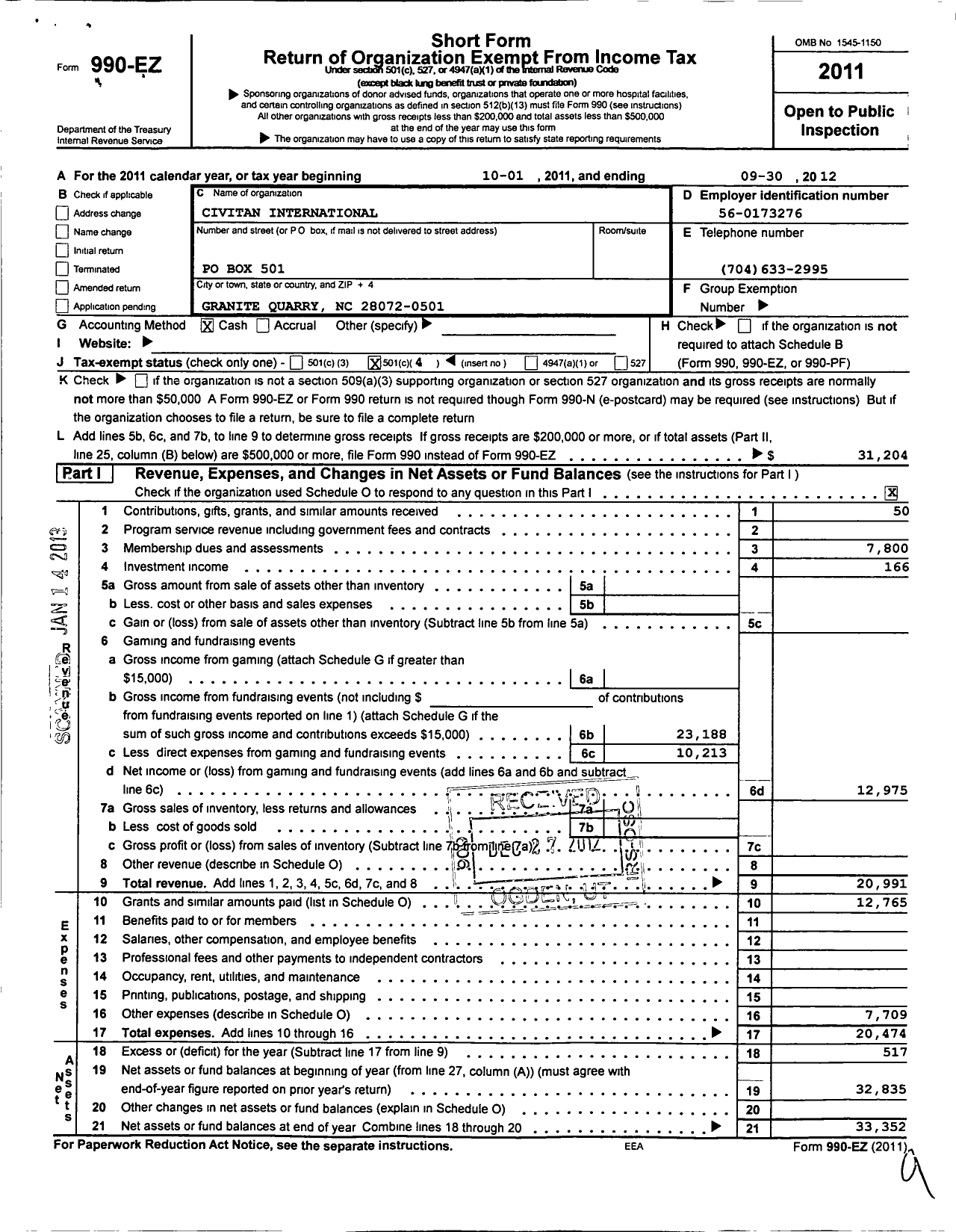 Image of first page of 2011 Form 990EO for Civitan International / Granite Quarry NC