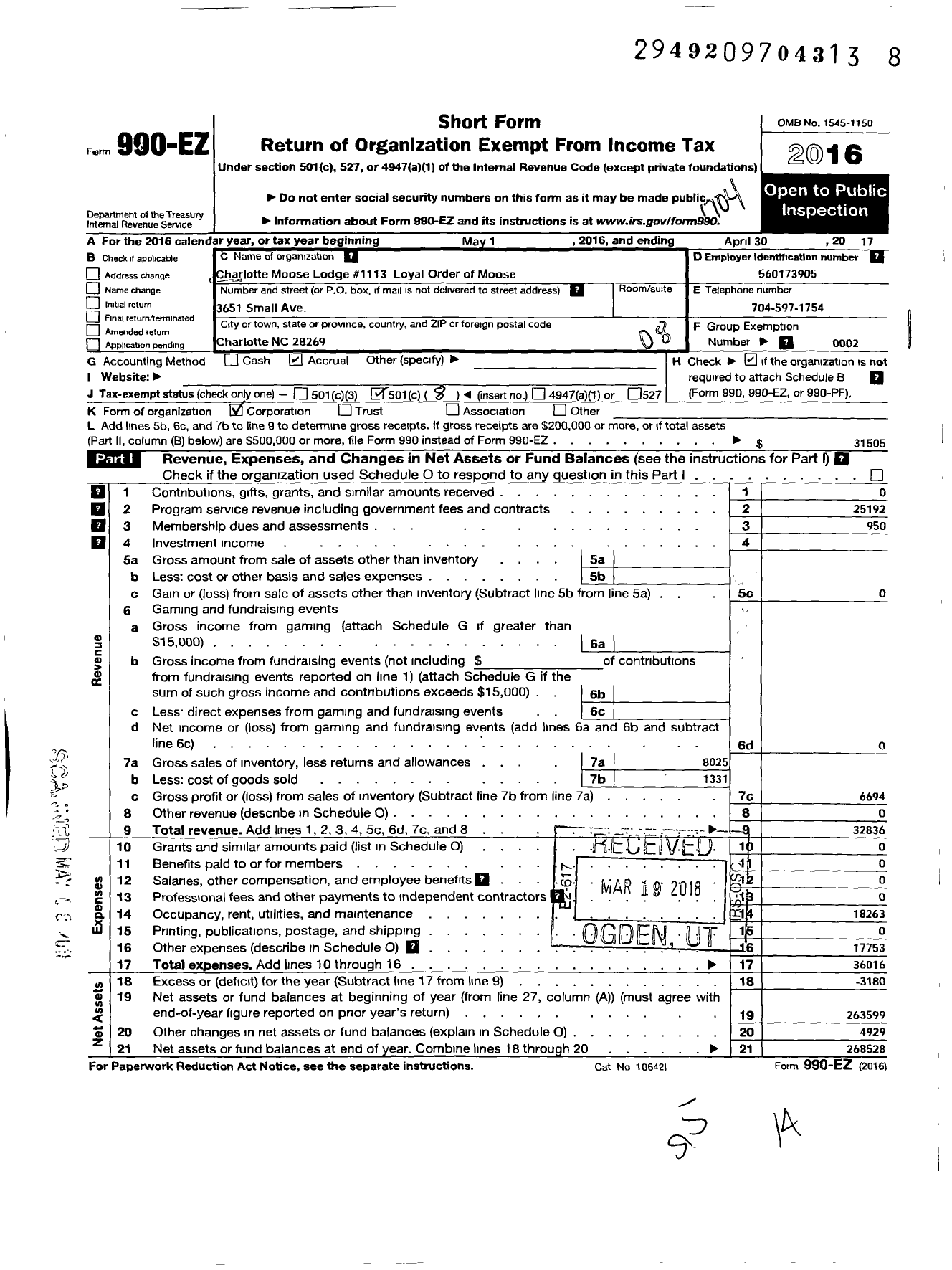 Image of first page of 2016 Form 990EO for Charlotte Moose Lodge 1113 Loyal Order of Moose