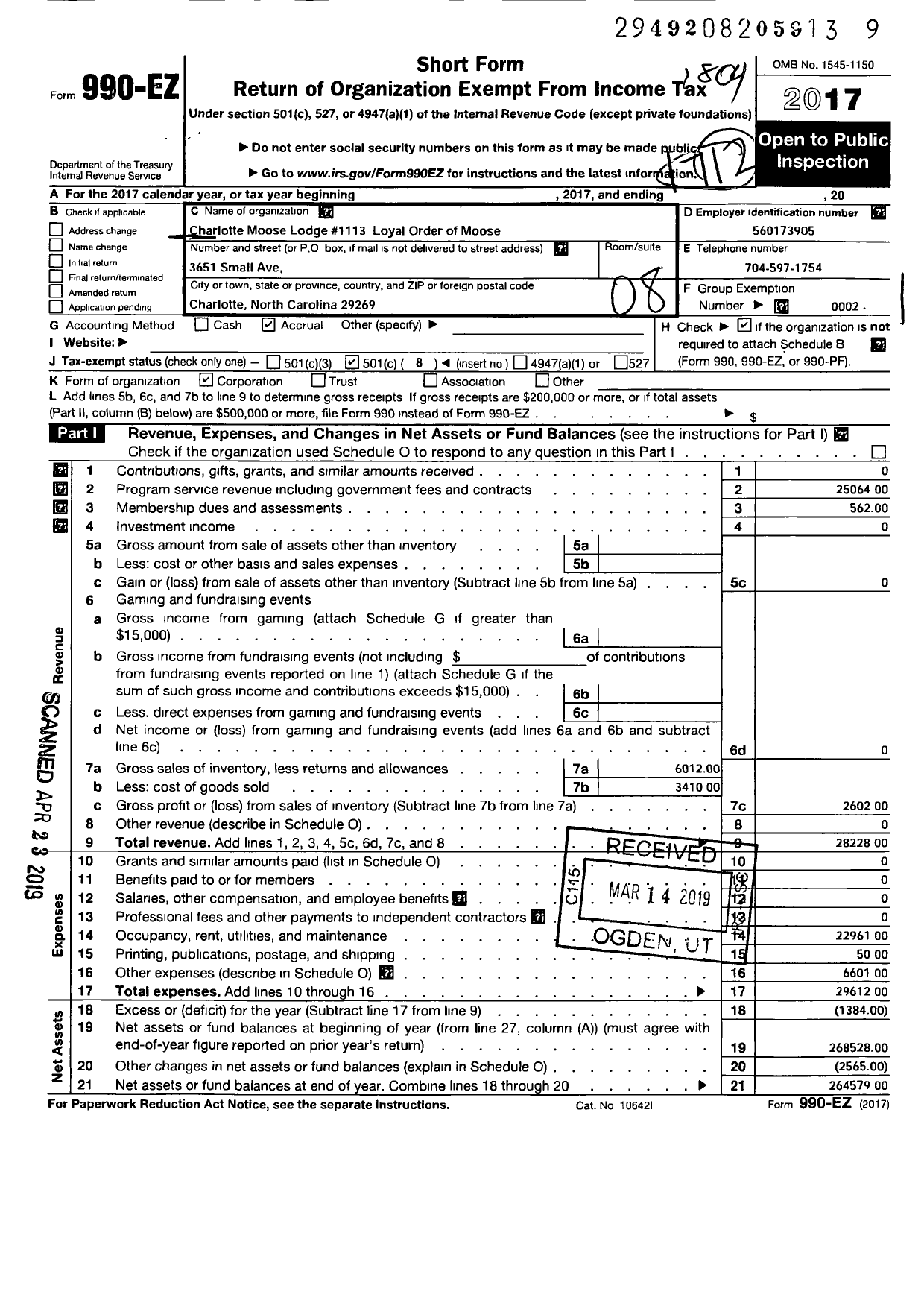 Image of first page of 2017 Form 990EO for Charlotte Moose Lodge 1113 Loyal Order of Moose