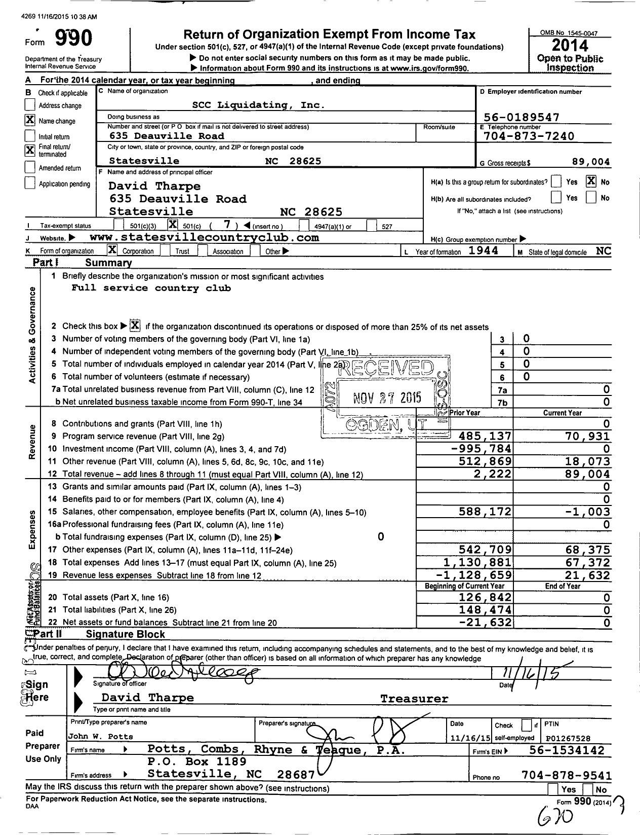 Image of first page of 2014 Form 990O for Statesville Country Club