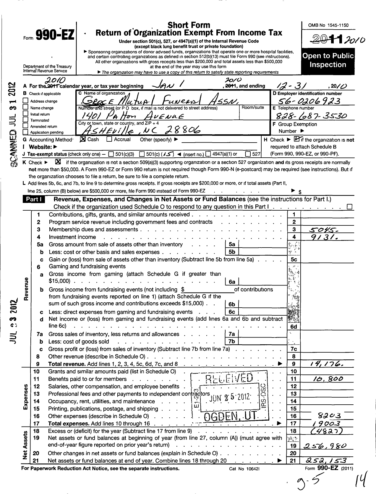 Image of first page of 2010 Form 990EO for Groce Mutual Funeral Association