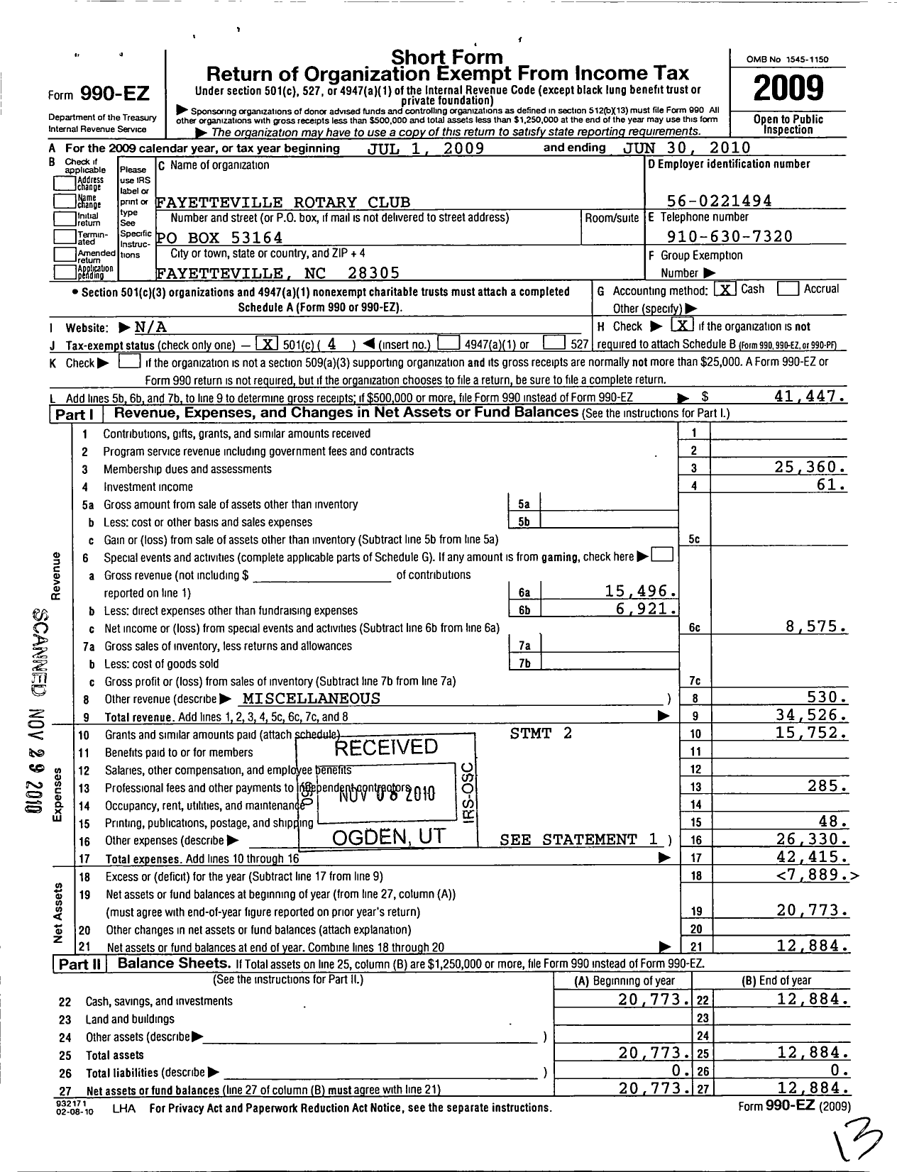 Image of first page of 2009 Form 990EO for Rotary International - Fayetteville Rotary Club
