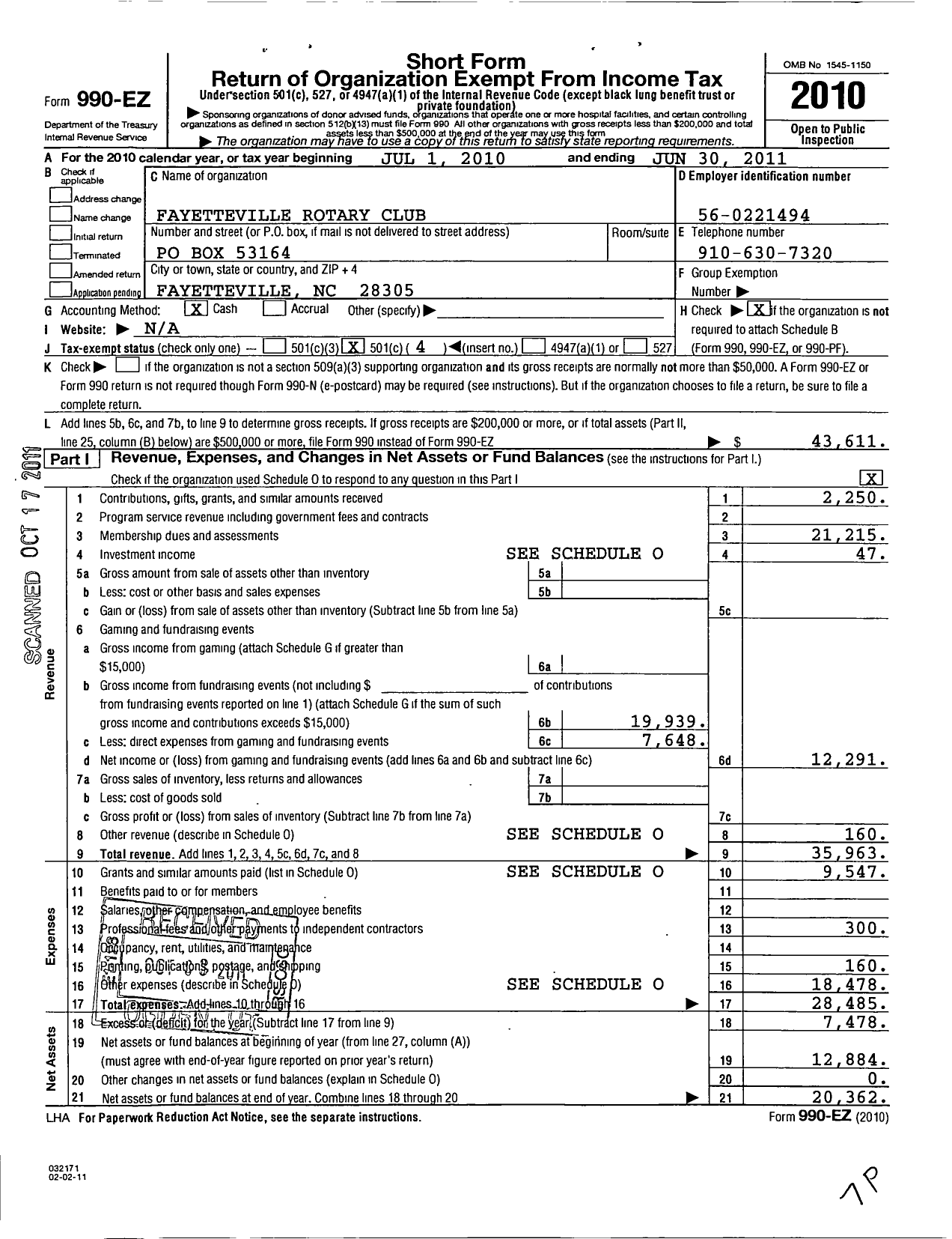Image of first page of 2010 Form 990EO for Rotary International - Fayetteville Rotary Club