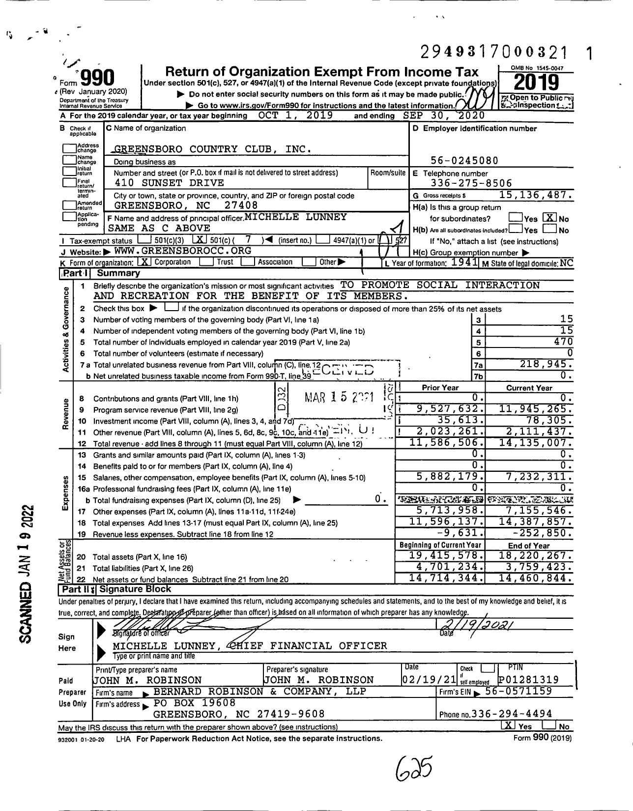 Image of first page of 2019 Form 990O for Greensboro Country Club