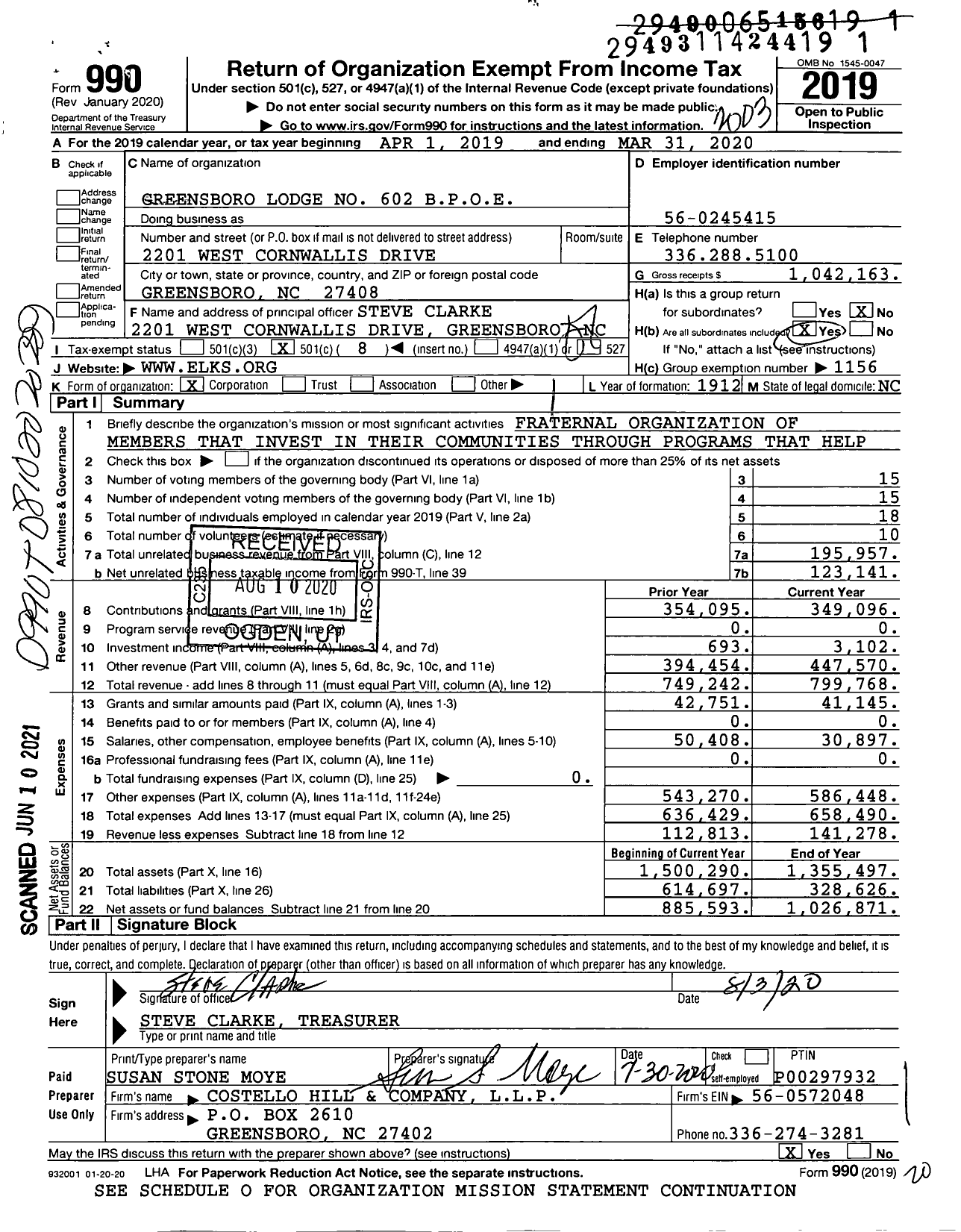 Image of first page of 2019 Form 990O for Benevolent and Protective Order of Elks - 602 Greensboro