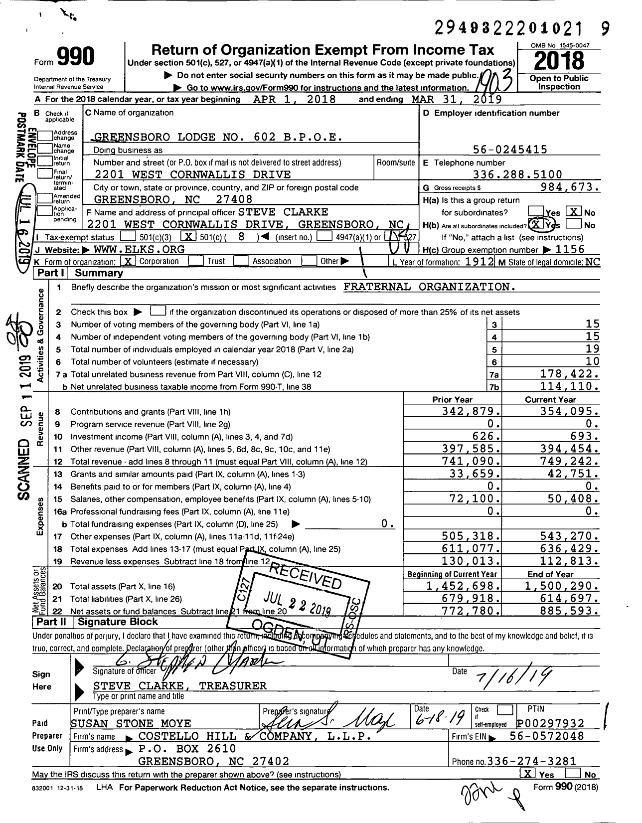 Image of first page of 2018 Form 990O for Benevolent and Protective Order of Elks - 602 Greensboro