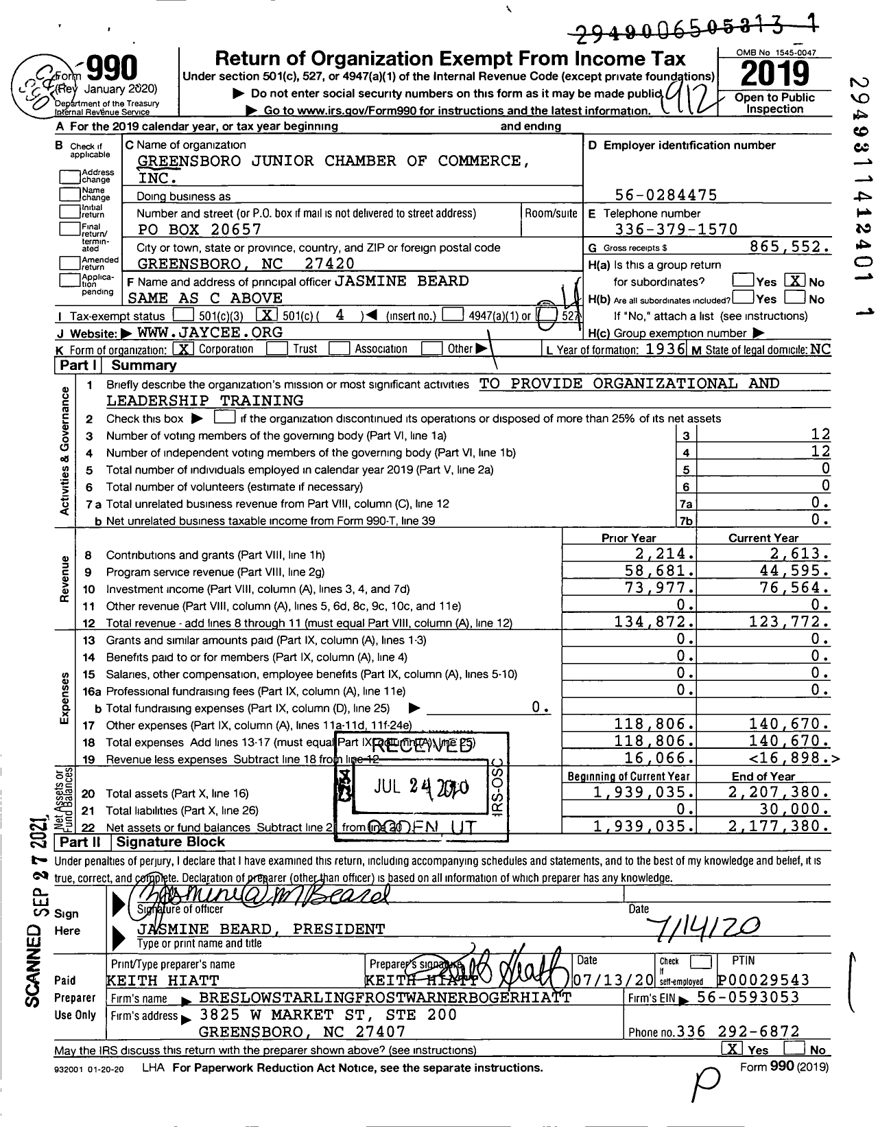 Image of first page of 2019 Form 990O for Greensboro Junior Chamber of Commerce