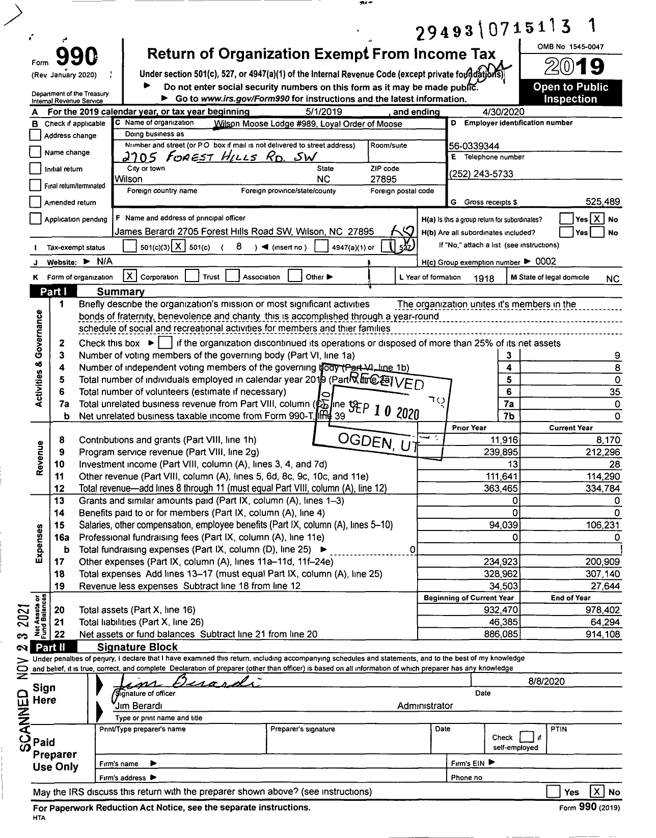 Image of first page of 2019 Form 990O for Loyal Order of Moose - 989