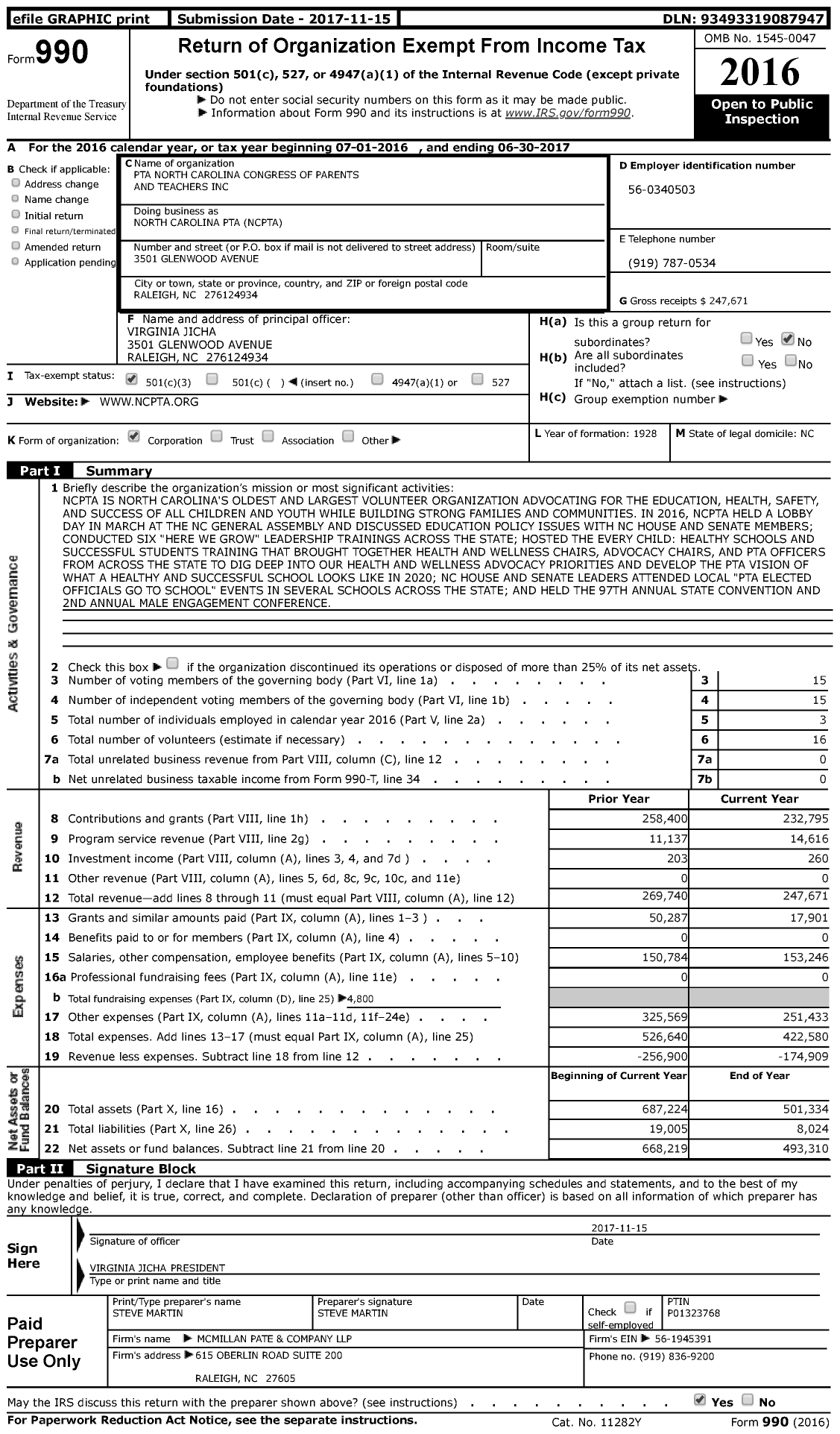 Image of first page of 2016 Form 990 for North Carolina PTA