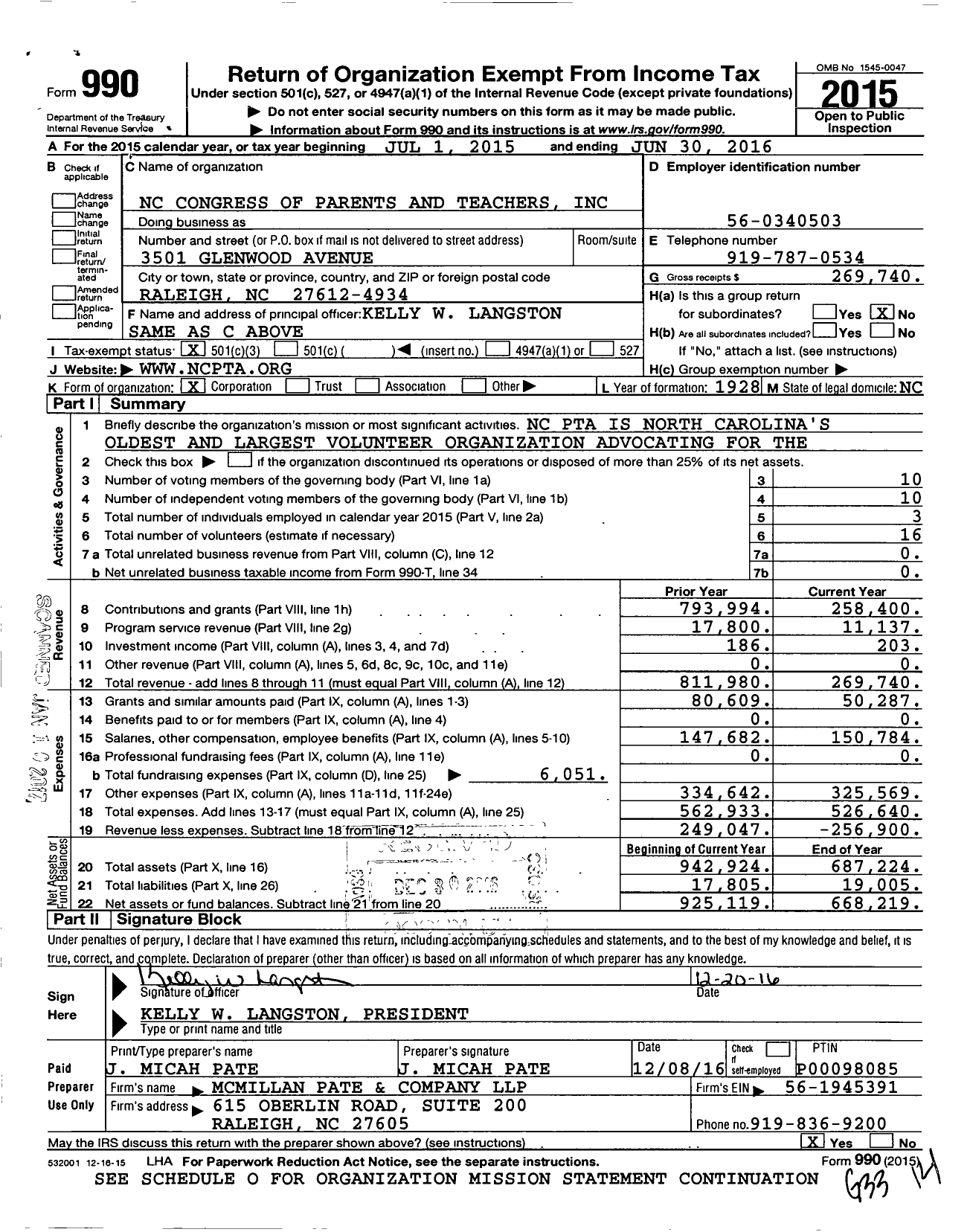 Image of first page of 2015 Form 990 for North Carolina PTA